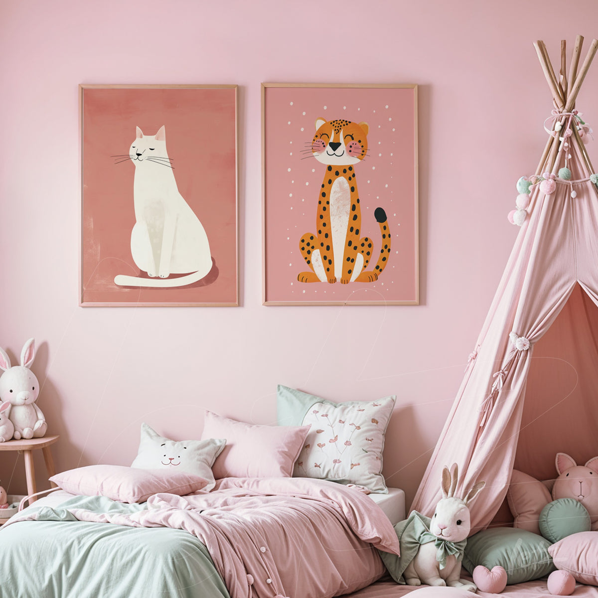 composição com quadros decorativos de gatos em moldura clara sobre parede rosa, destacando um gato branco e uma onça estilizada