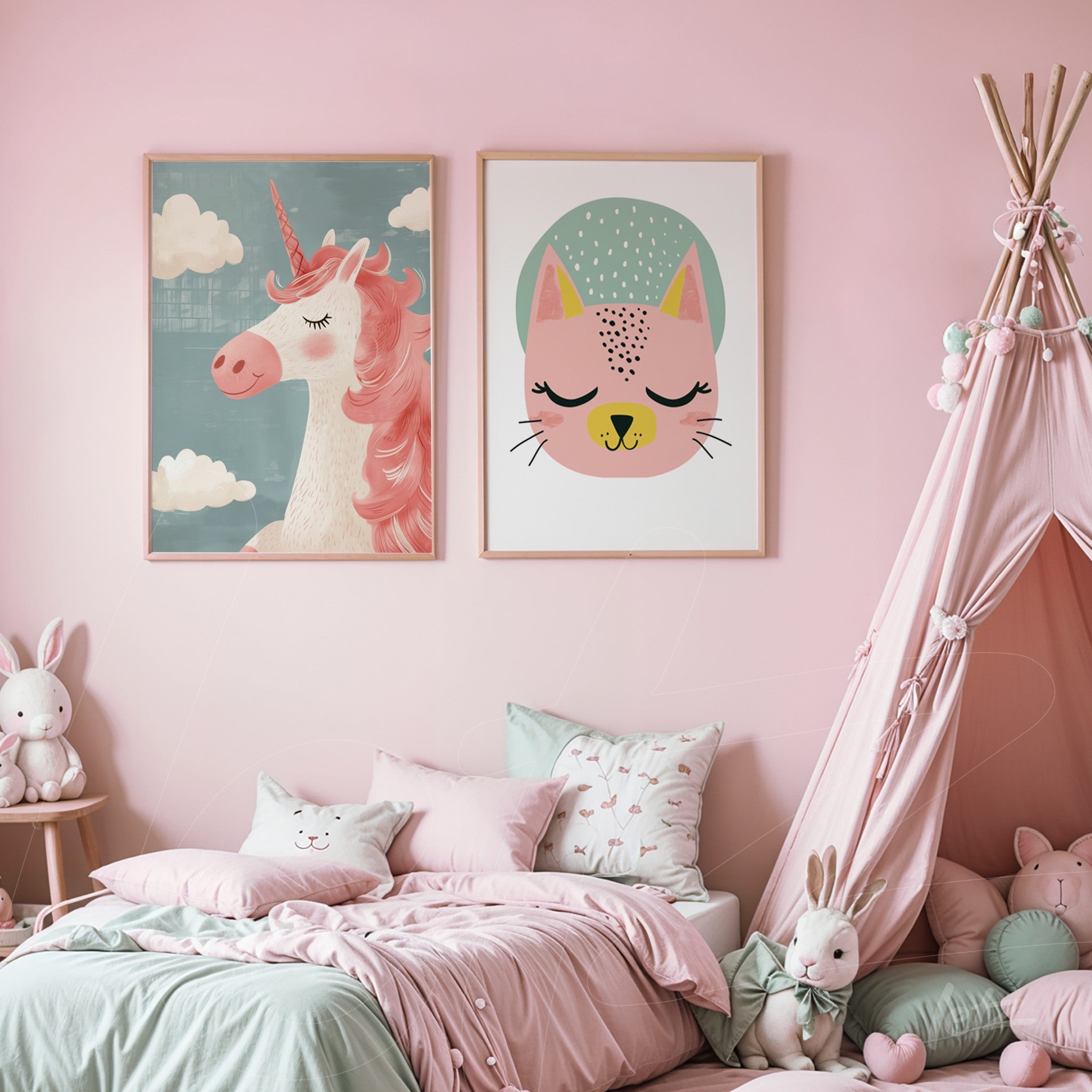 composição de quadros decorativos em moldura clara, incluindo um unicórnio rosa e um gato estilizado com fundo claro, em ambiente de quarto infantil rosa