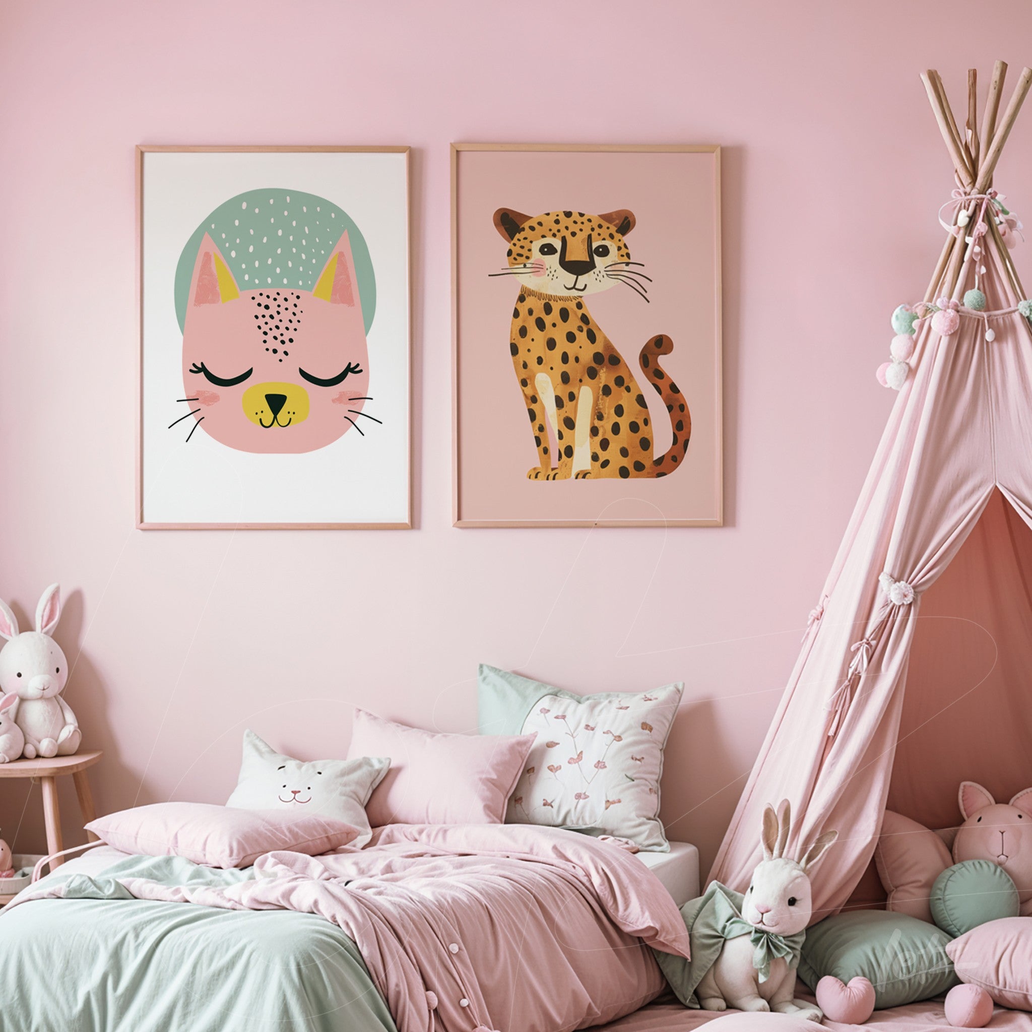 composição de quadros com ilustrações de um gato rosa e uma onça em molduras de madeira clara sobre parede rosa