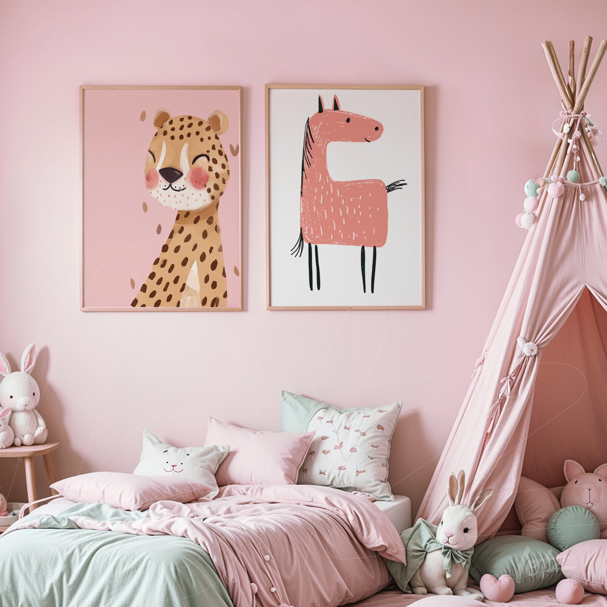 composição com quadros decorativos de animais em moldura rosa, destacando uma ilustração de leopardo sorridente e um cavalo estilizado, sobre parede rosa
