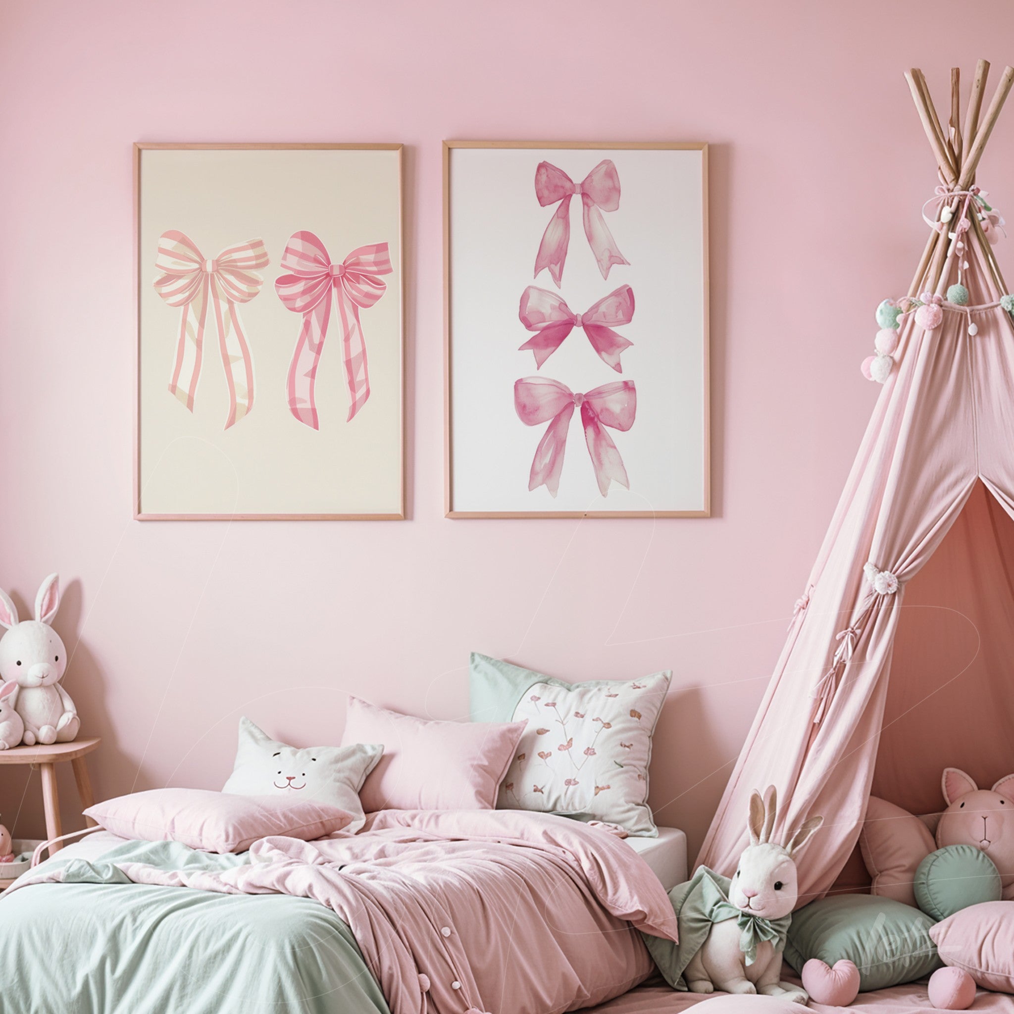 composição de quadros com laços em tons de rosa em molduras claras sobre parede rosa, decorando um quarto infantil