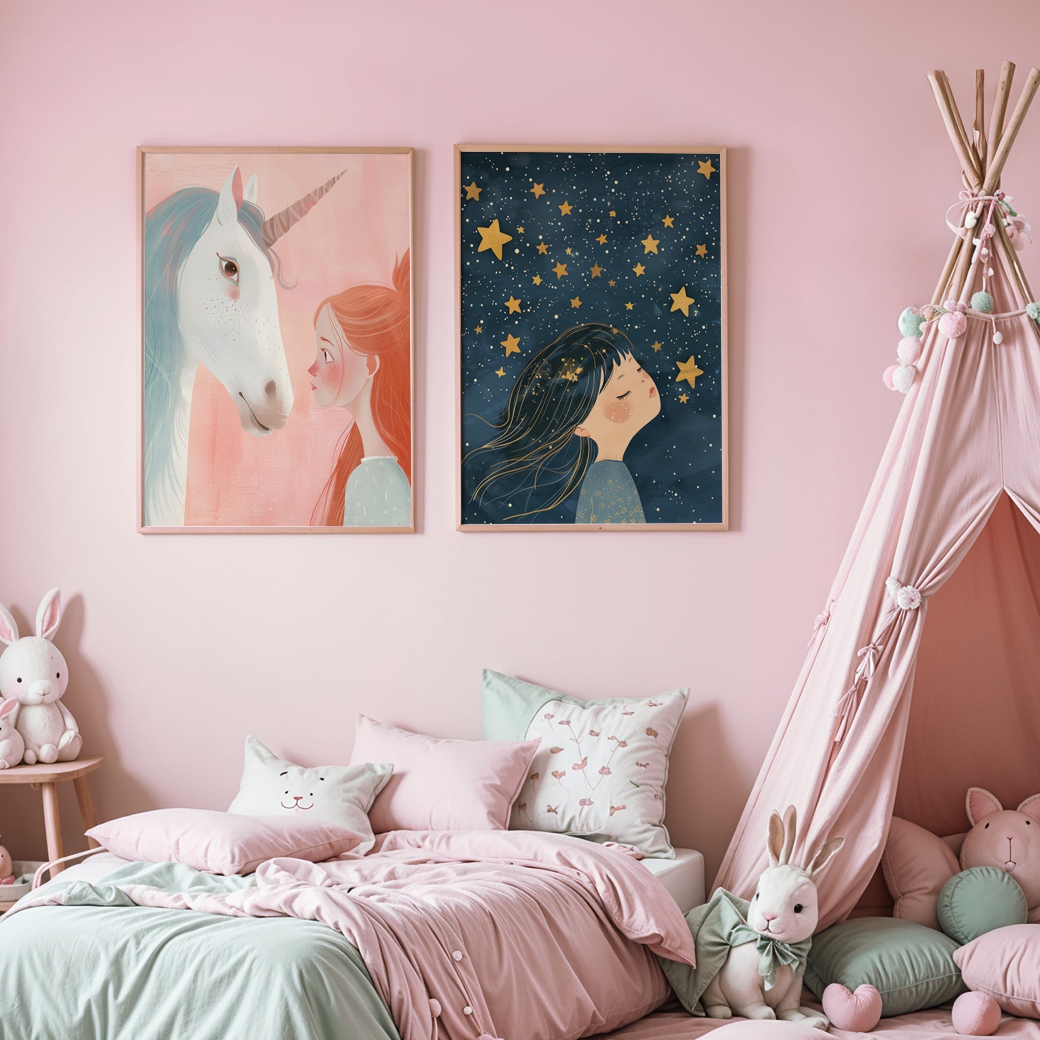 composição de quadros infantis com ilustração de unicórnio em moldura de madeira clara e imagem de menina sonhando com estrelas em fundo azul