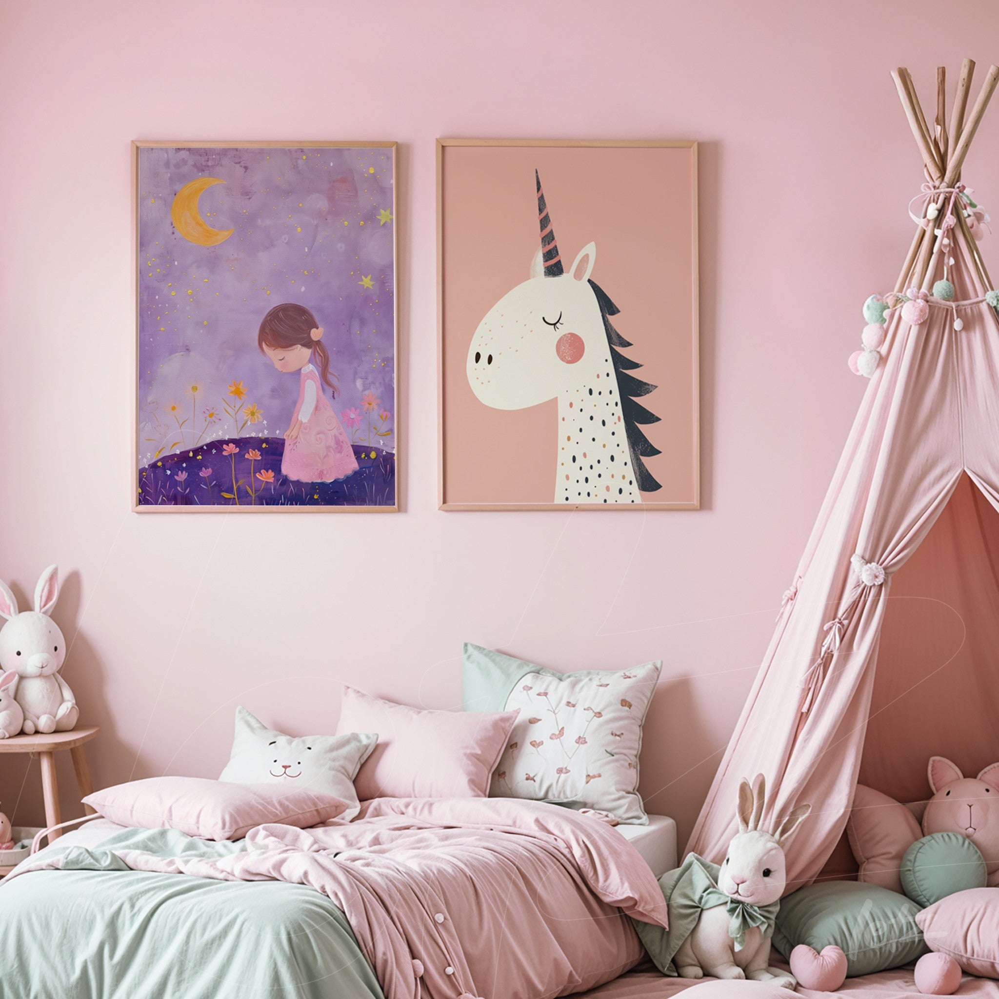 dupla de quadros decorativos com tema infantil, um com uma menina em fundo roxo e outro de um unicórnio em fundo rosa, exibidos em ambiente com paredes rosa claro