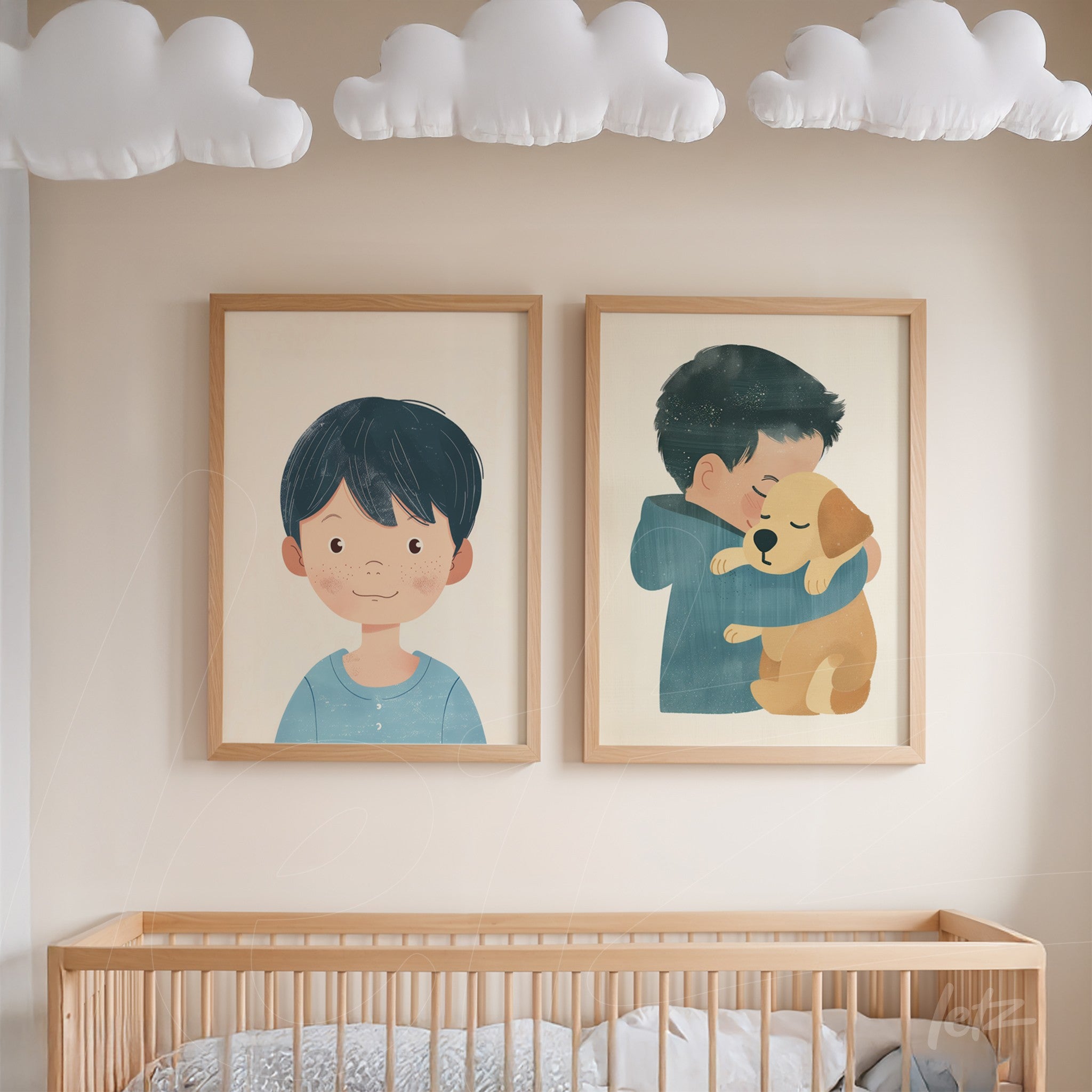 coleção de quadros com ilustrações de criança e cachorro em moldura de madeira clara, expostos sobre parede neutra