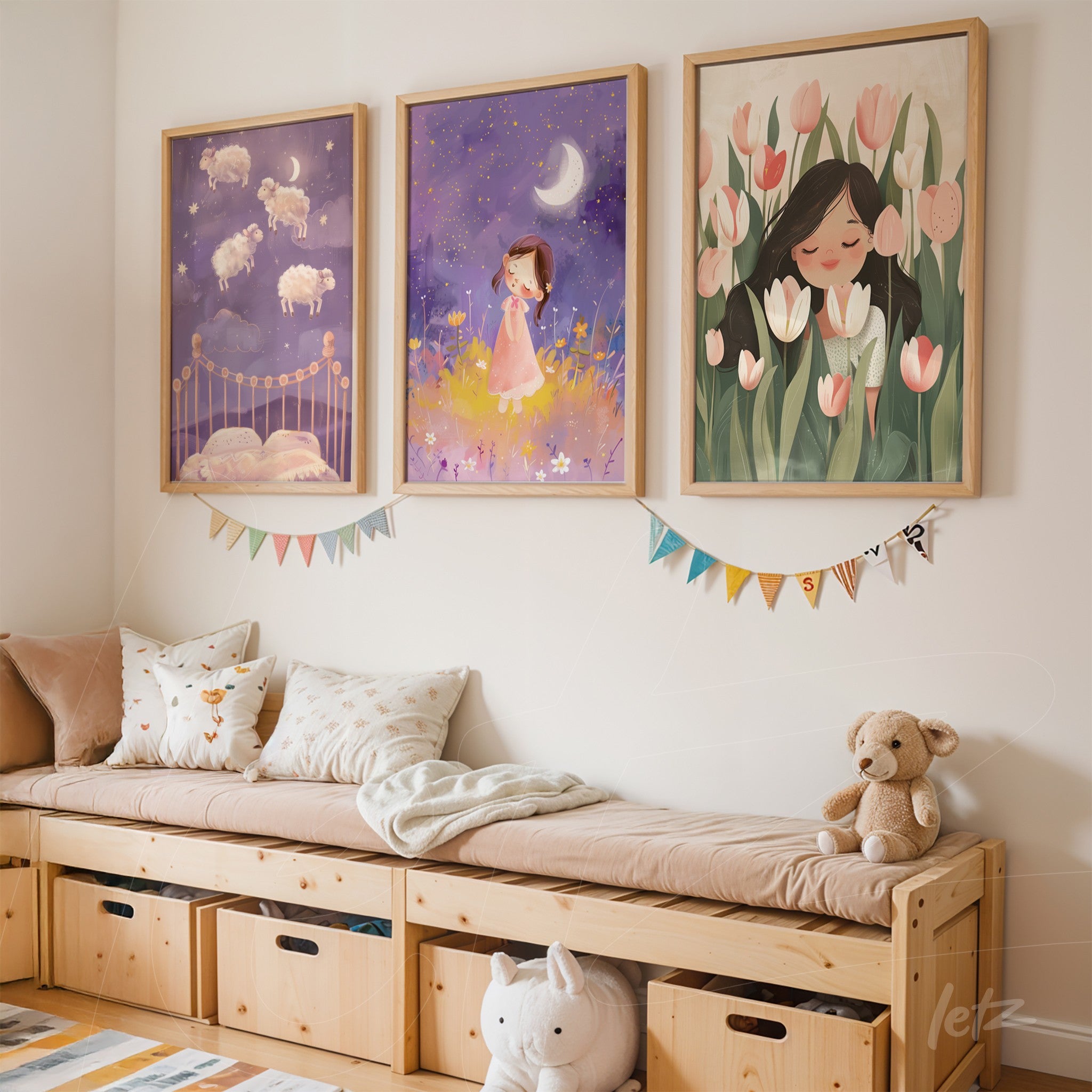 composição de três quadros infantis em moldura de madeira clara, com ilustrações de ovelhas, menina com vestido rosa e flores brancas e rosas, sobre um sofá de madeira com almofadas coloridas