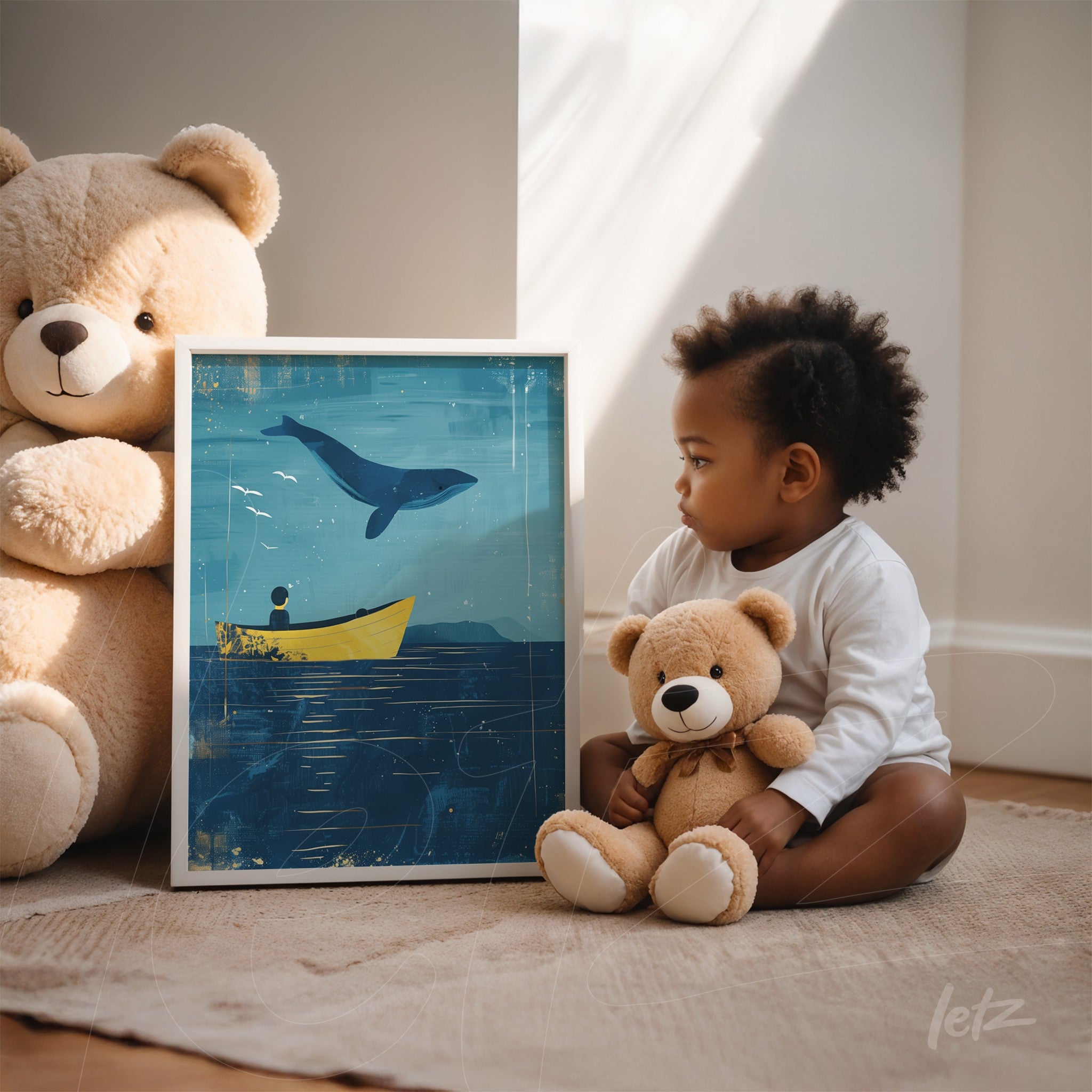 quadro emoldurado com ilustração de uma criança em um barco sob água azul com uma baleia acima, exibido ao lado de uma criança e ursos de pelúcia em ambiente claro