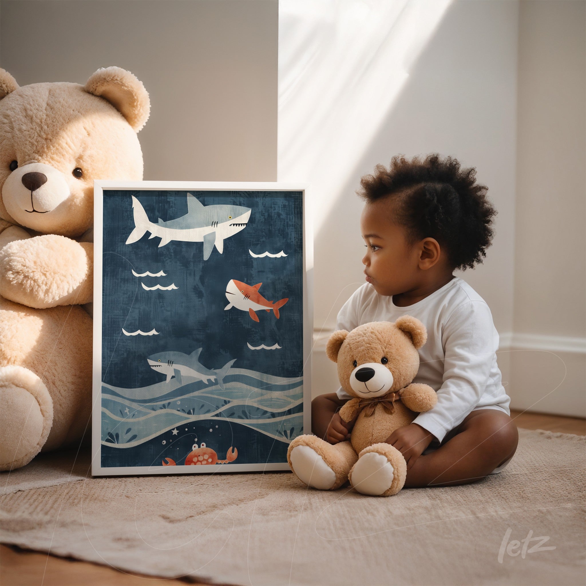 quadro com ilustração infantil de tubarões nadando em fundo azul, moldura branca, exposto ao lado de criança e urso de pelúcia