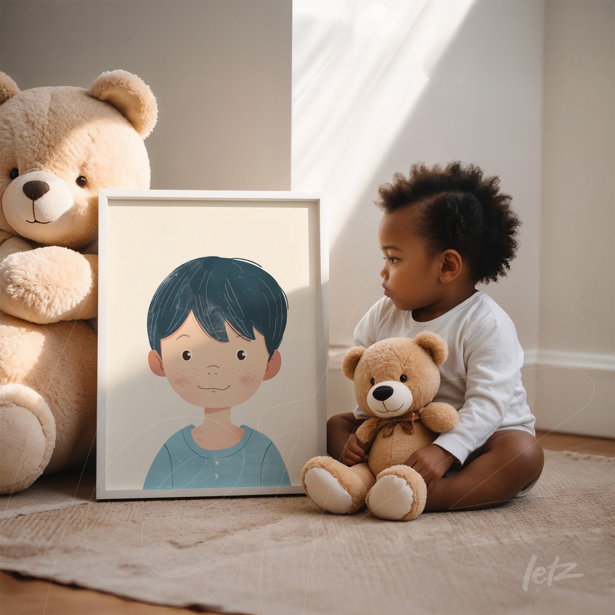 quadro decorativo com ilustração de menino de cabelos curtos e escuros dentro de moldura clara, apoiado ao lado de uma criança com brinquedos de pelúcia