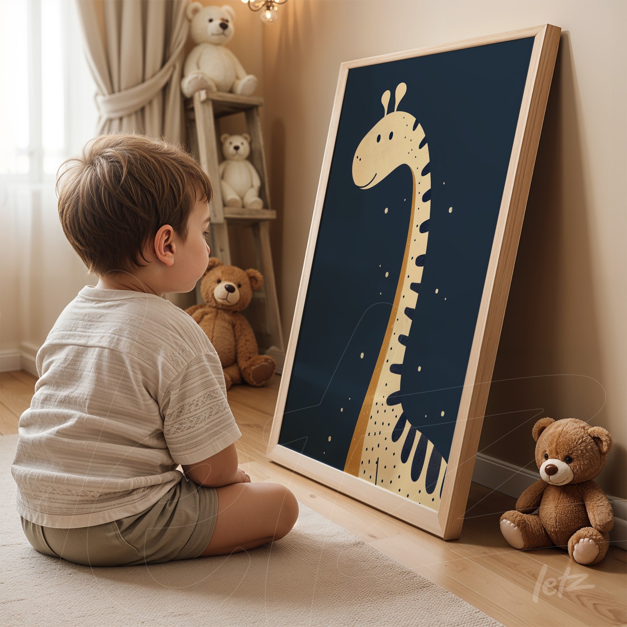 quadro com arte infantil de uma girafa em fundo escuro, exibido ao lado de um menino sentado em frente a ele