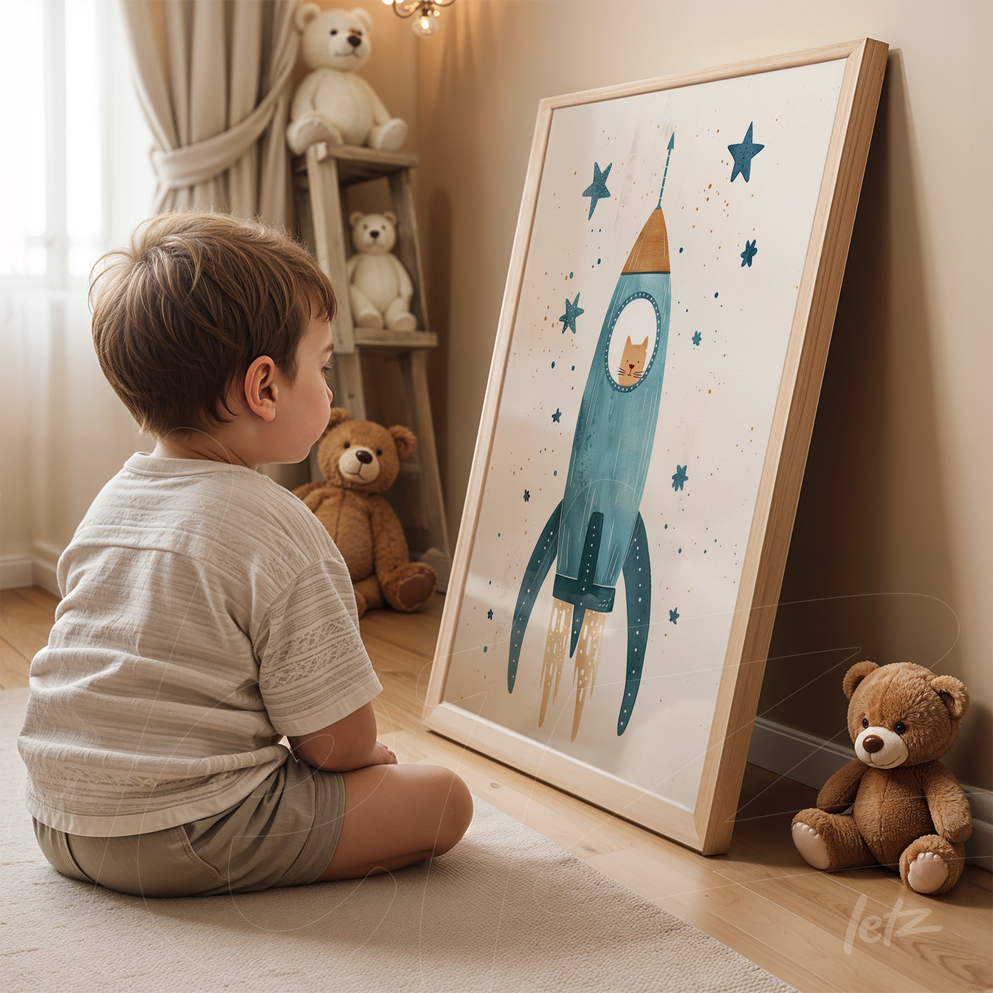 quadro com ilustração de foguete azul e estrelas em moldura clara, exposto em ambiente infantil ao lado de ursos de pelúcia