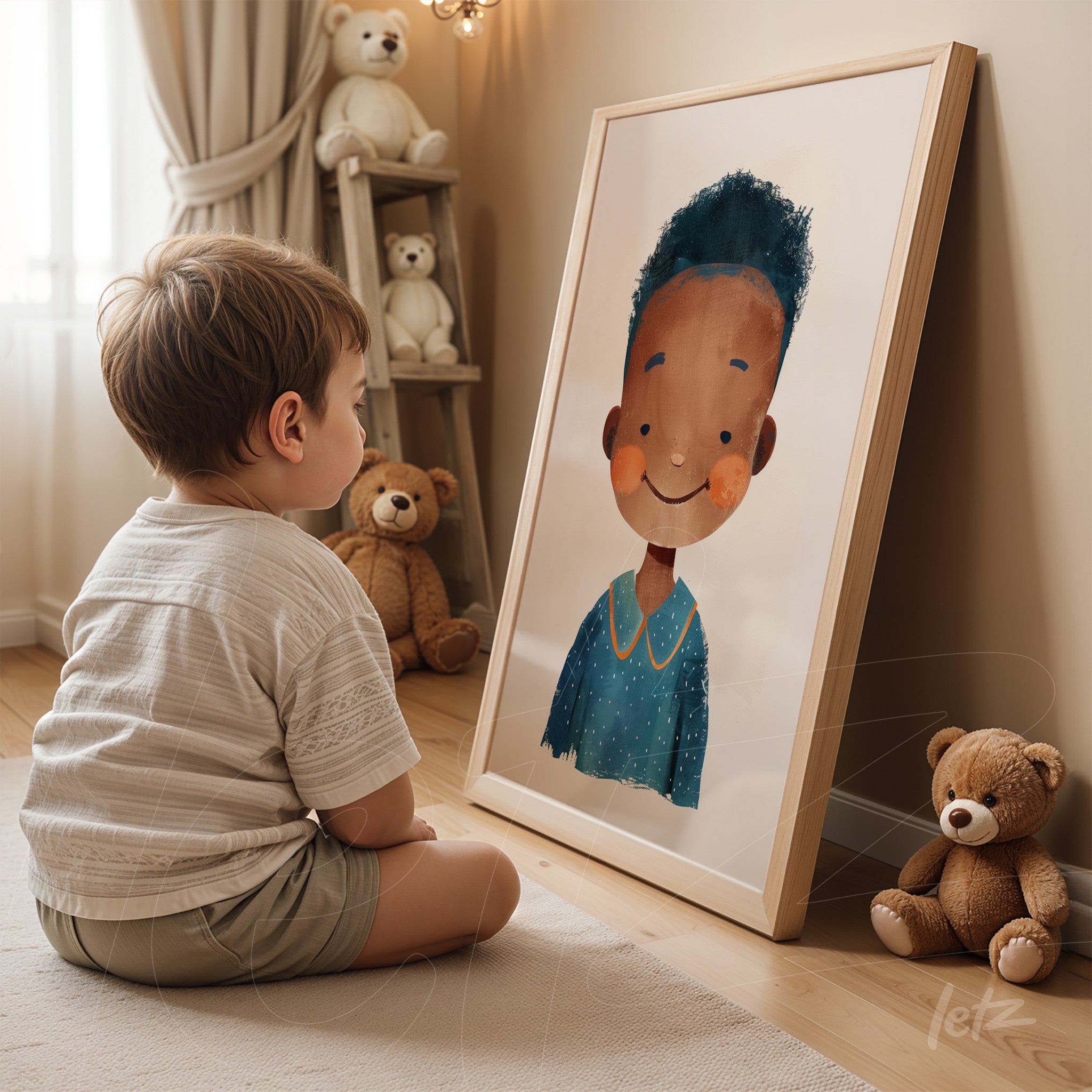 quadro emoldurado com ilustração infantil de um menino sorridente, exibido em ambiente aconchegante com brinquedos ao redor