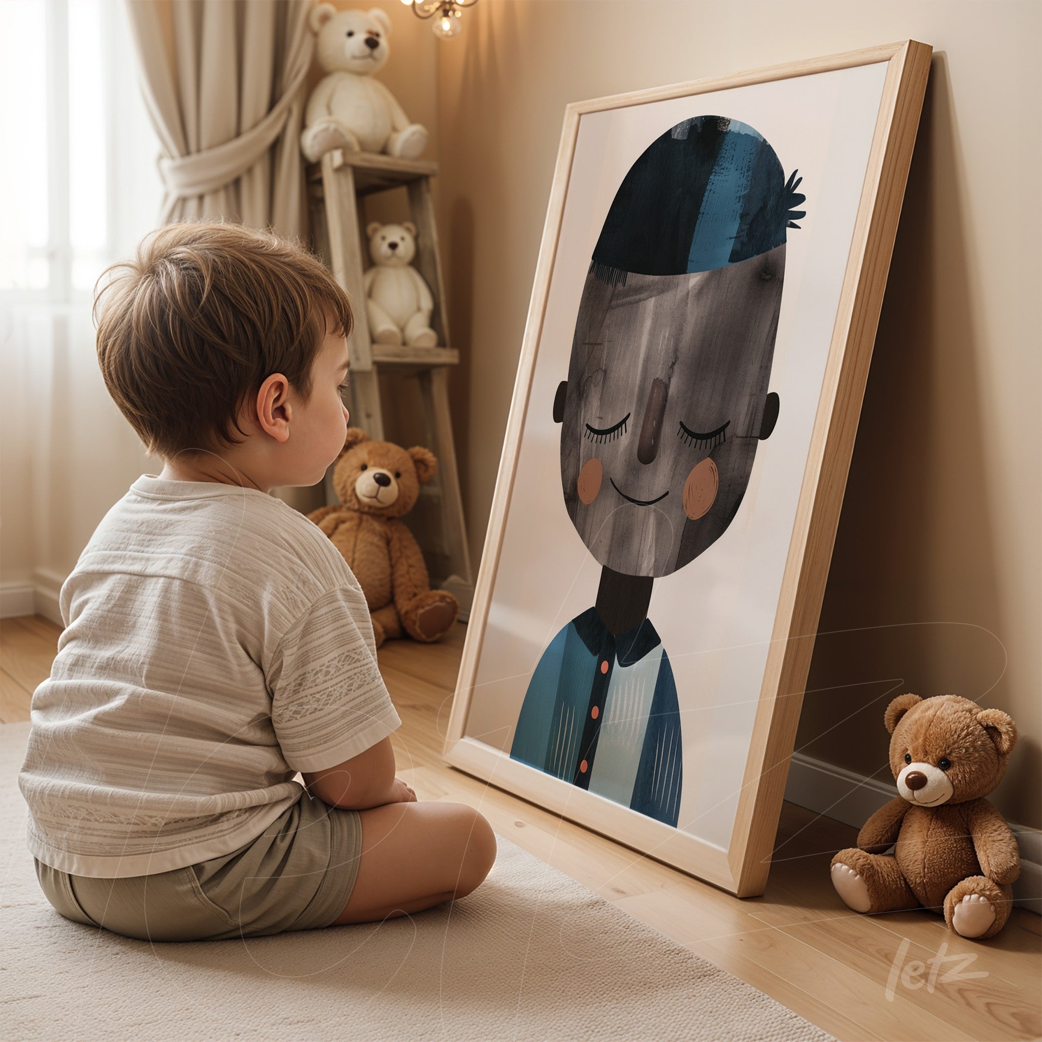 criança sentada de costas observando quadro com ilustração de menino sorridente, moldura em madeira clara e ambiente aconchegante