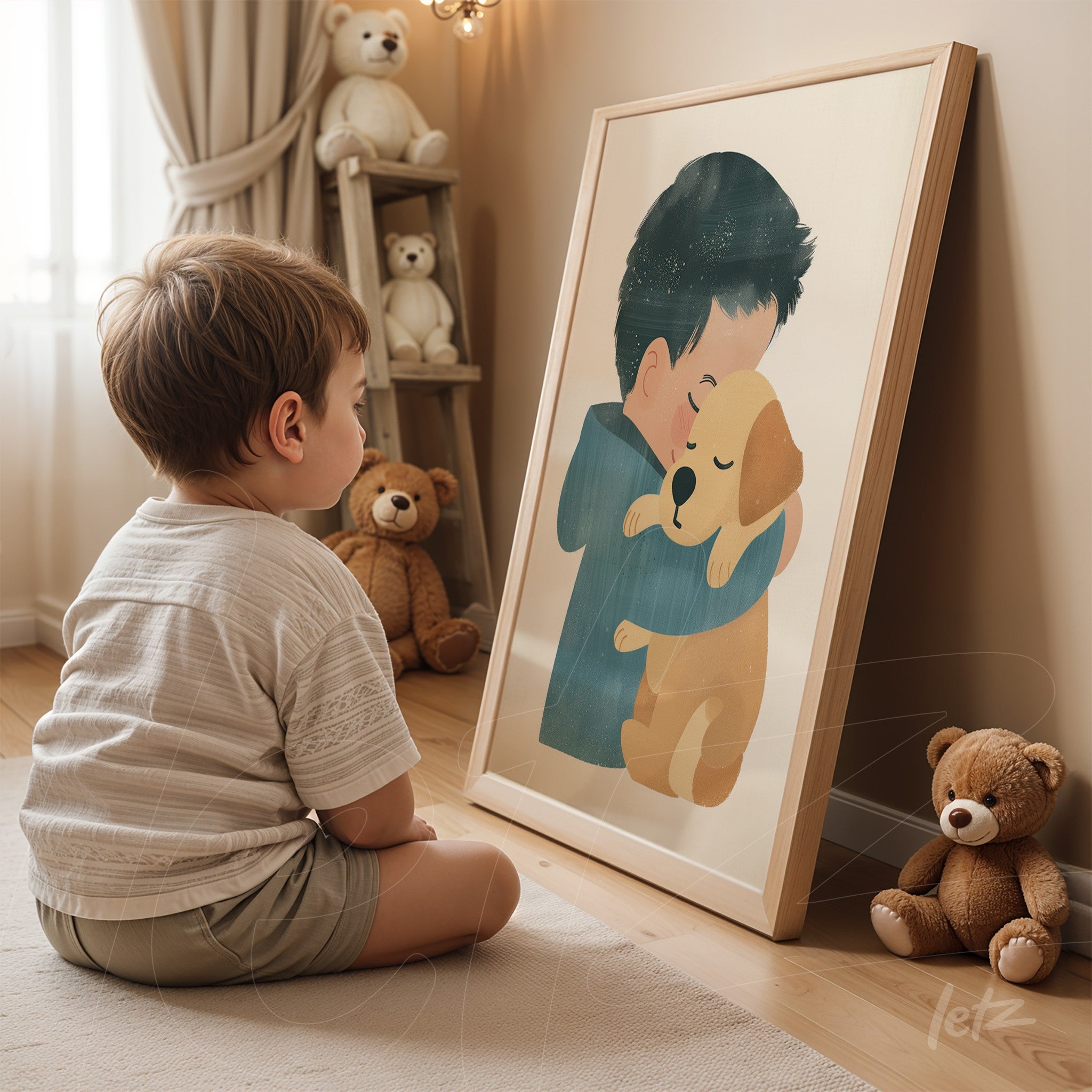 quadro com ilustração fofa de menino abraçando um cachorro, moldura em madeira clara, apoiado no chão de madeira ao lado de brinquedos