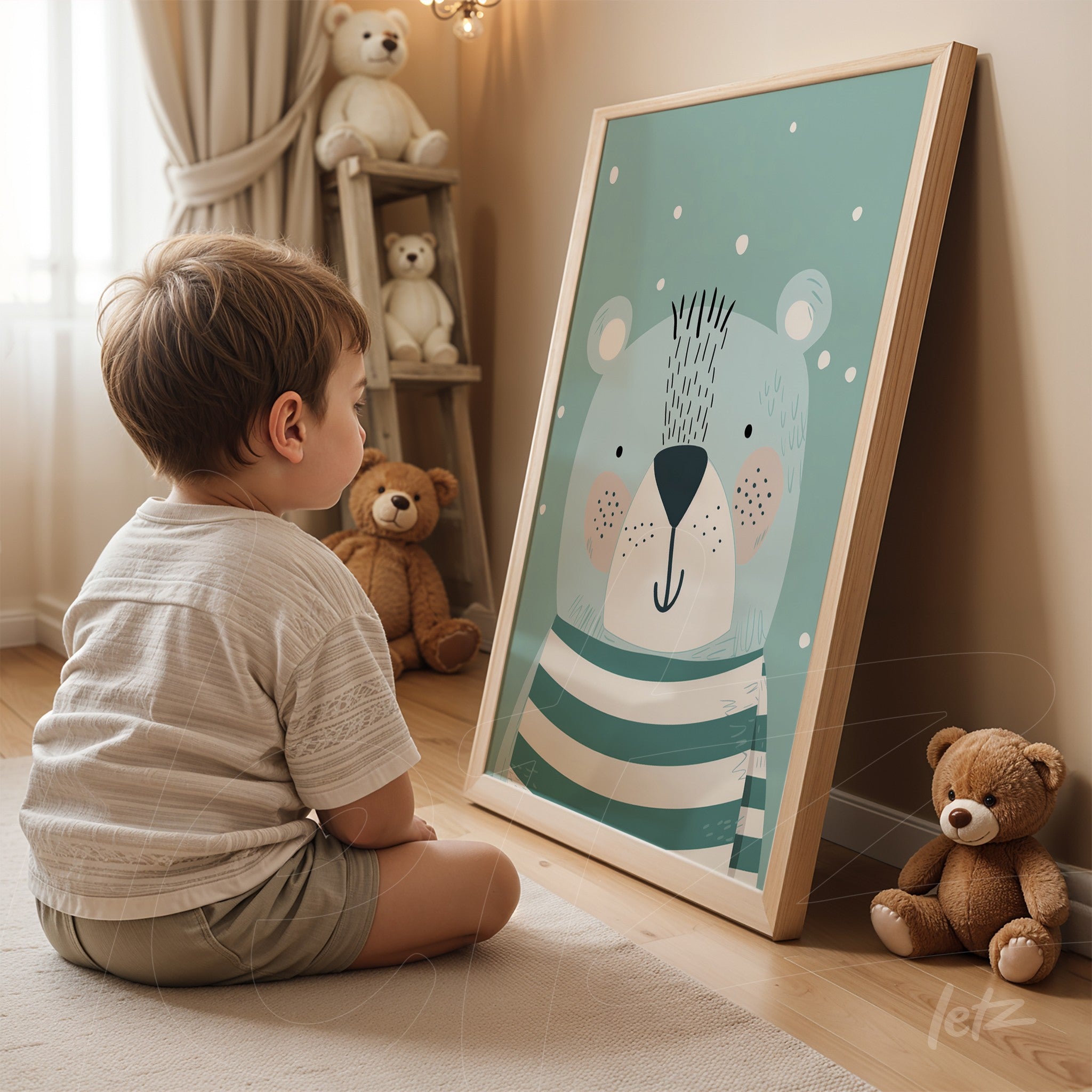 quadro com ilustração de urso amigável em fundo verde, apoiado no chão ao lado de bonecos de pelúcia