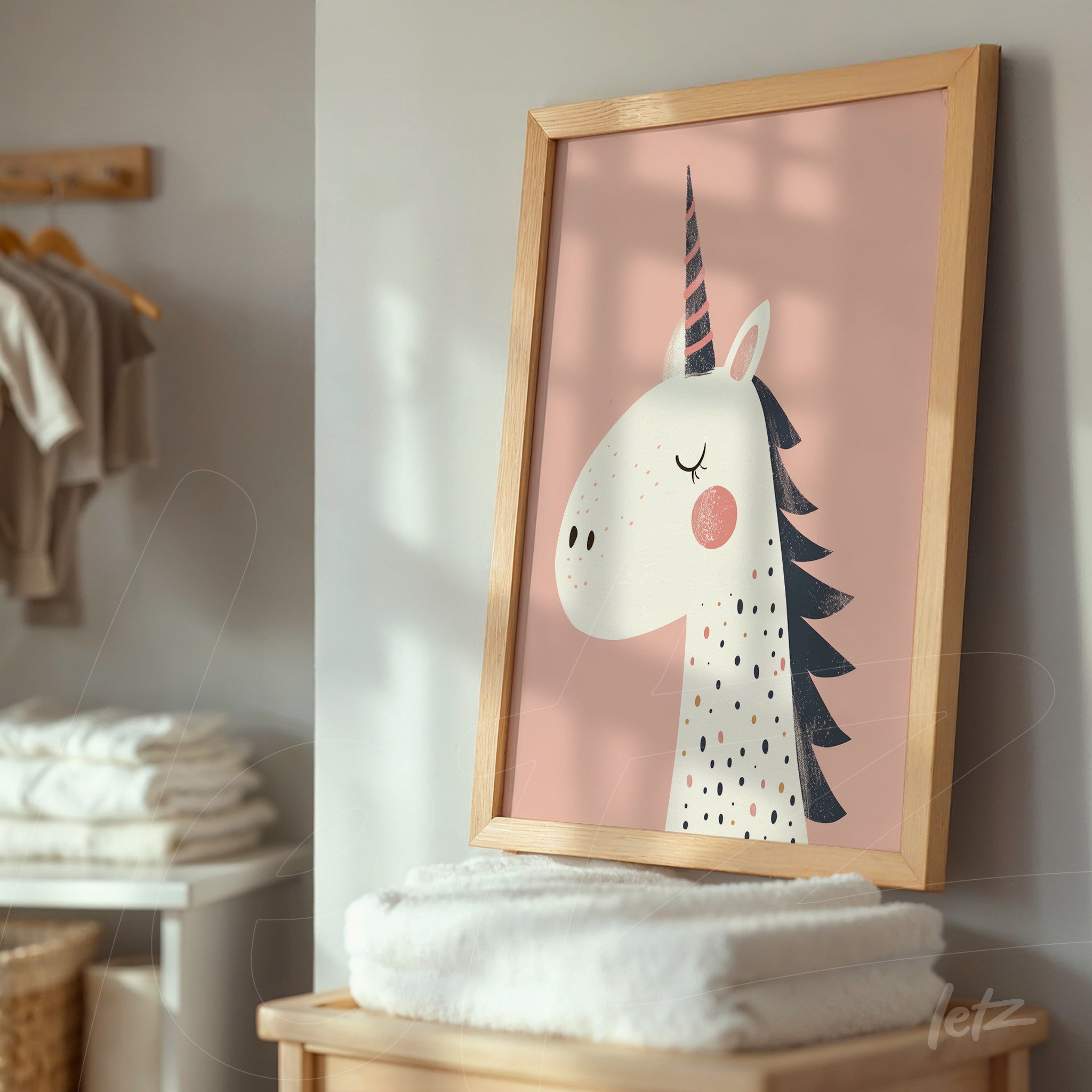 quadro em moldura de madeira clara com ilustração de unicórnio em fundo rosa suave