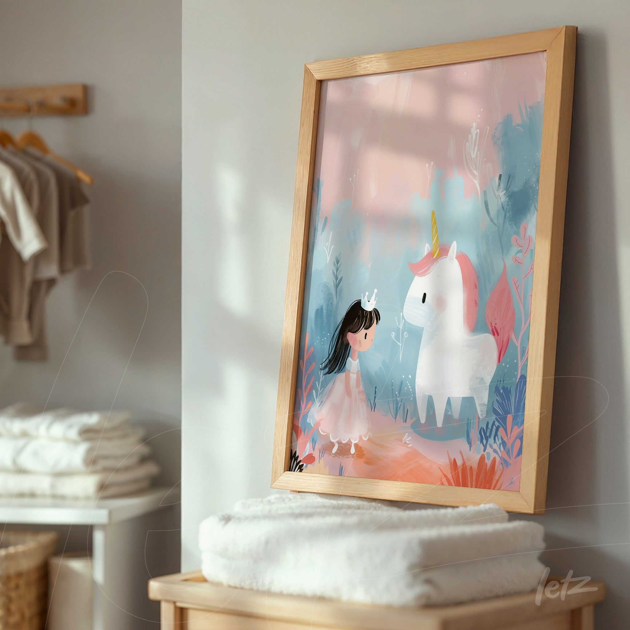 quadro com ilustração infantil de uma menina em vestido rosa interagindo com um unicórnio branco, moldura de madeira clara em ambiente acolhedor