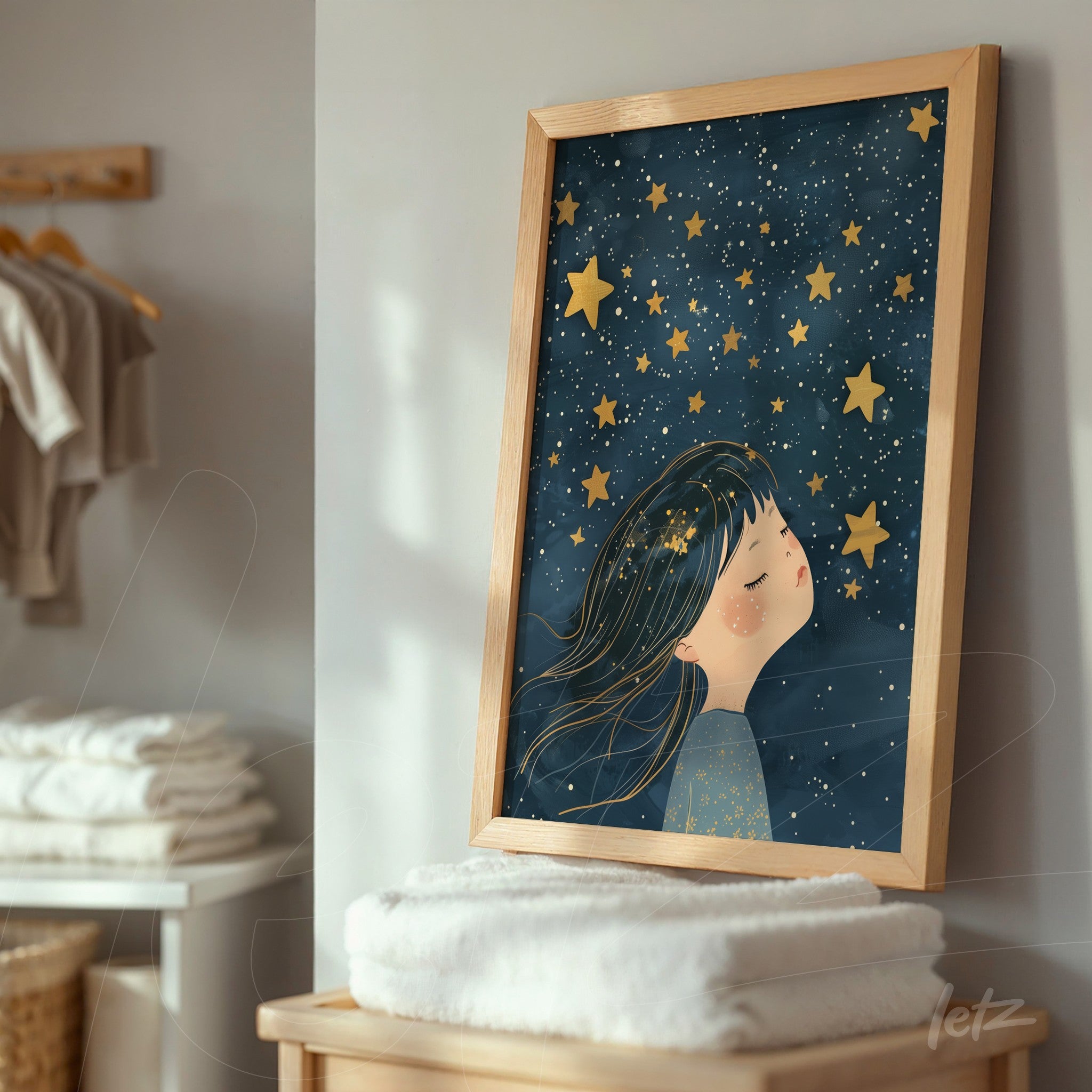 quadro com ilustração de menina sonhando sob um céu estrelado em moldura de madeira clara