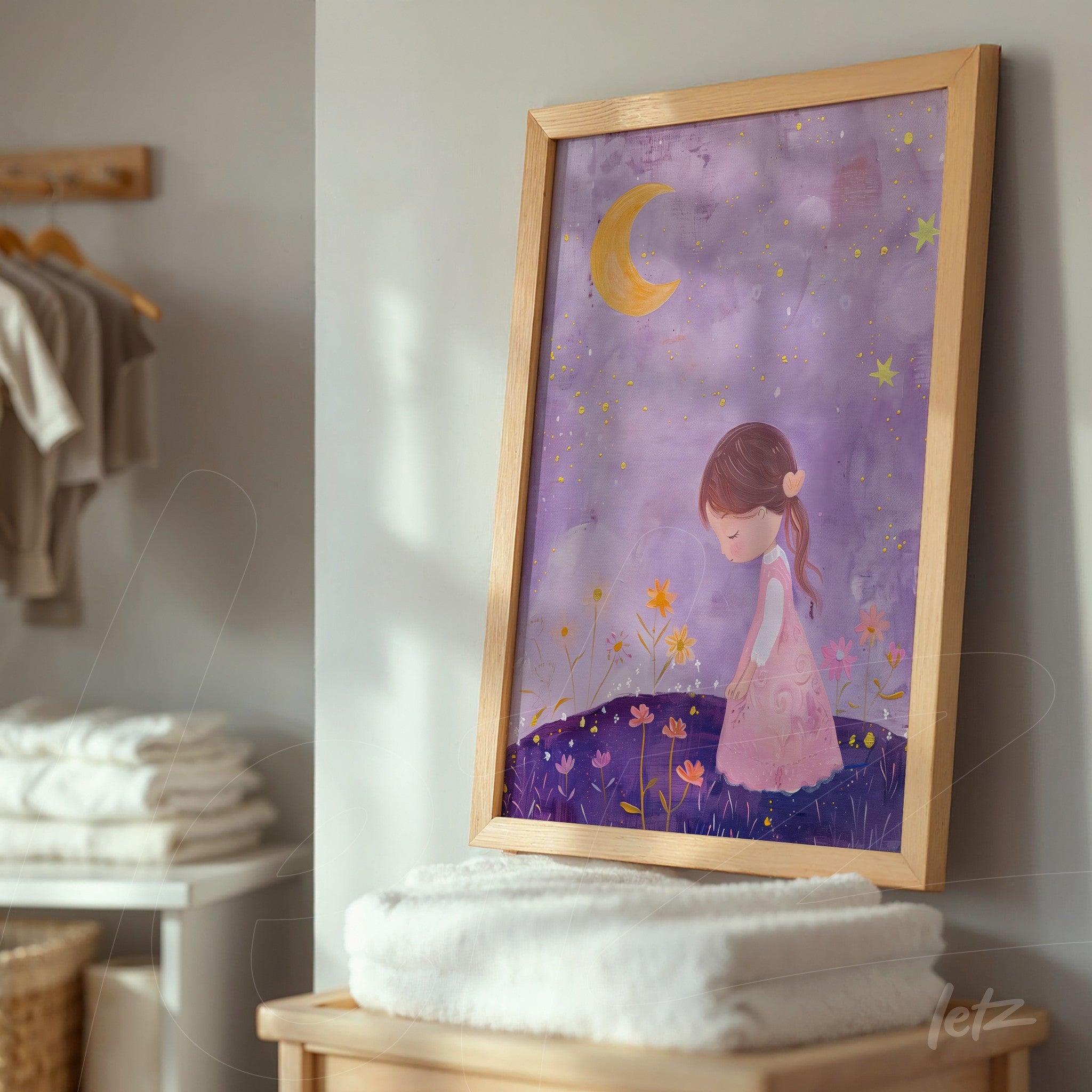 quadro com ilustração de menina sonhadora em fundo roxo com estrelas e flores, moldura de madeira clara