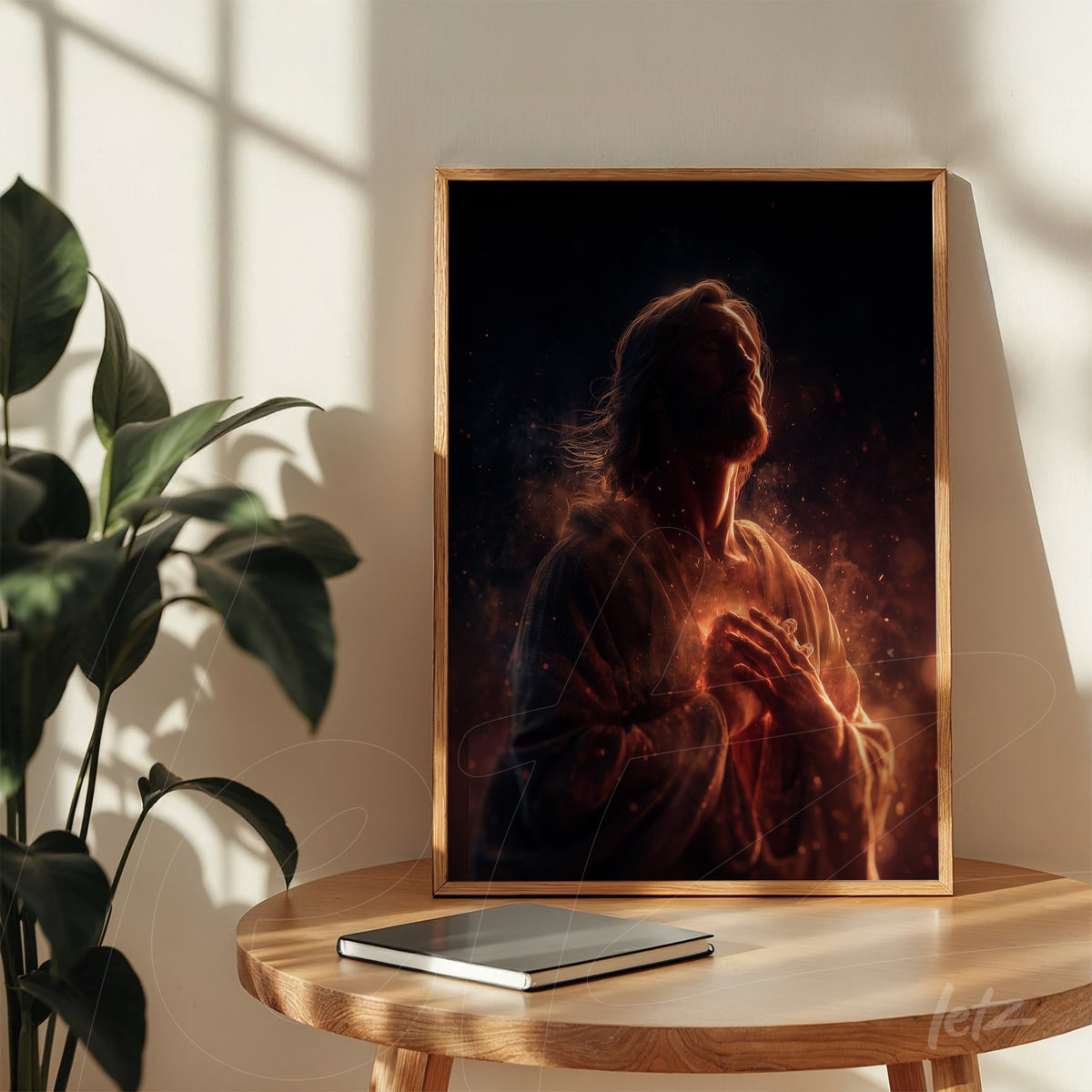 quadro de arte digital representando uma figura devocional de Jesus em moldura de madeira clara