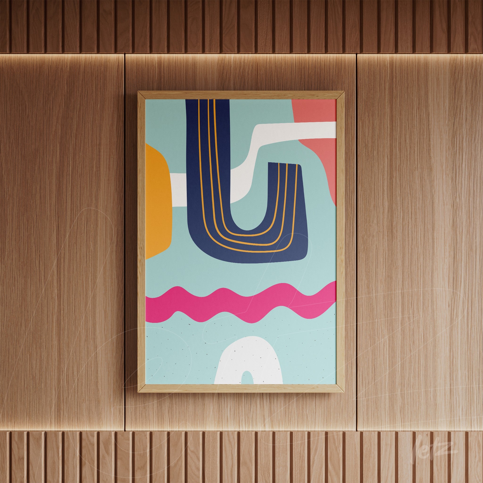 ```json
{
"alt": "quadro abstrato boho com formas geométricas coloridas em moldura de madeira exibido em parede de madeira listrada",
"alt_en": "boho abstract wall art with colorful geometric shapes in wooden frame displayed on striped wood wall"
}
```