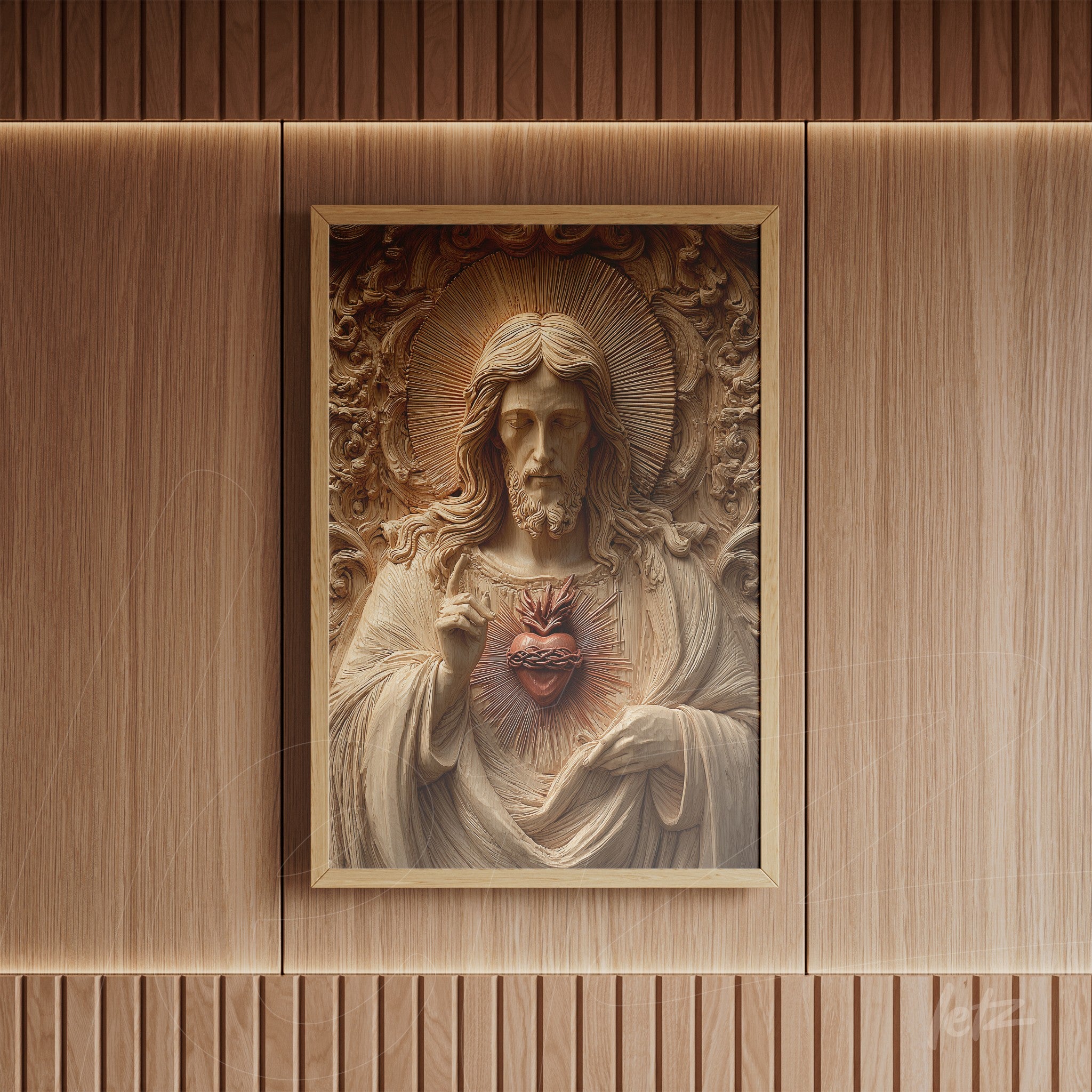 quadro com escultura tridimensional de Jesus Cristo com o Sagrado Coração, em moldura de madeira clara
