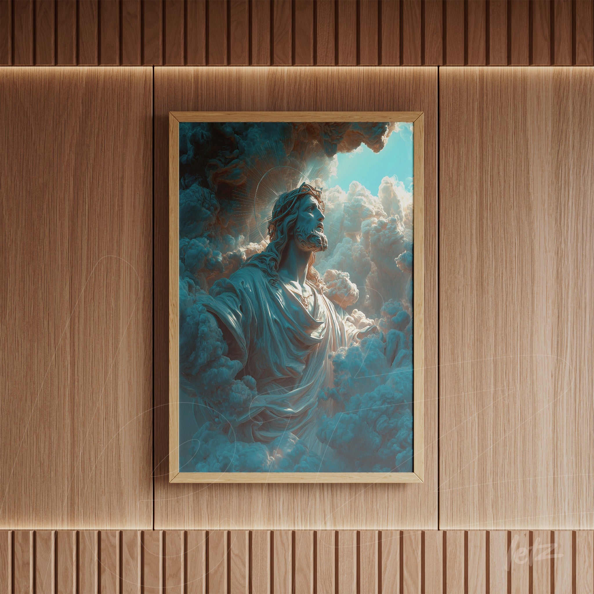 quadro com arte digital de figura celestial envolta em nuvens, com moldura dourada