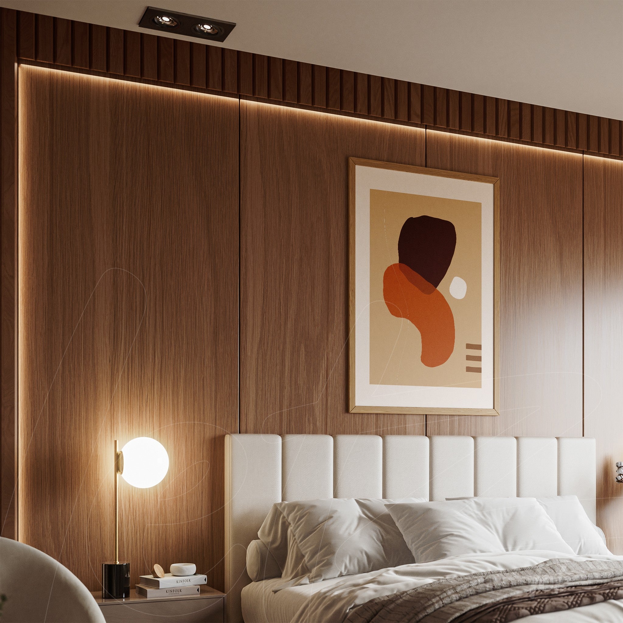 quadro abstrato com formas geométricas em marrom e laranja emoldurado exibido sobre painel de madeira em quarto moderno