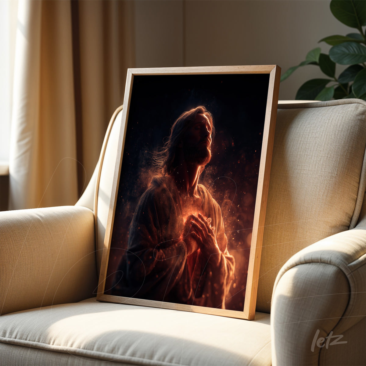 quadro em moldura de madeira clara com retrato artístico de figura religiosa em pose de oração, fundo escuro e iluminado com efeitos de luz
