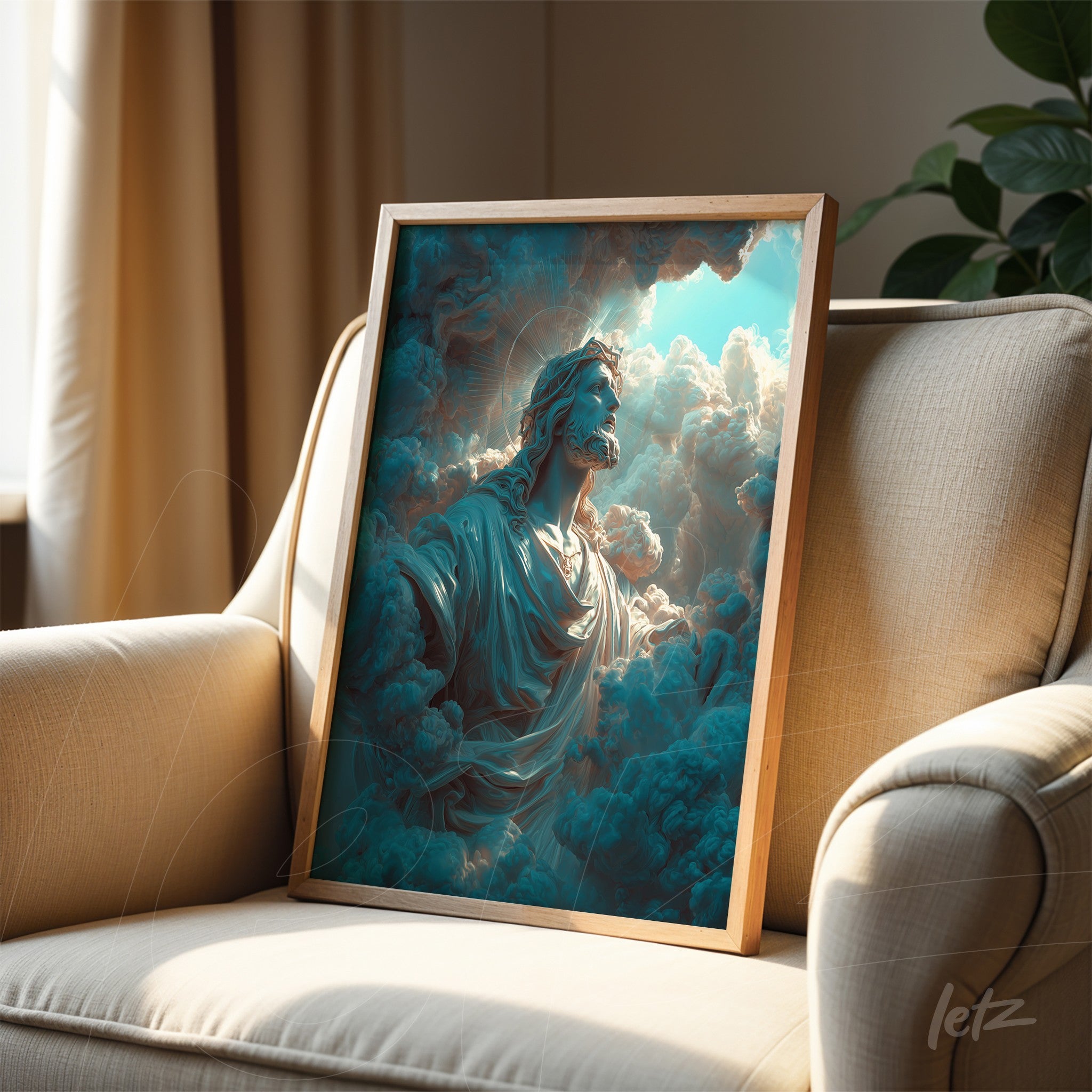 quadro com arte digital de Jesus envolto em nuvens claras em moldura de madeira clara