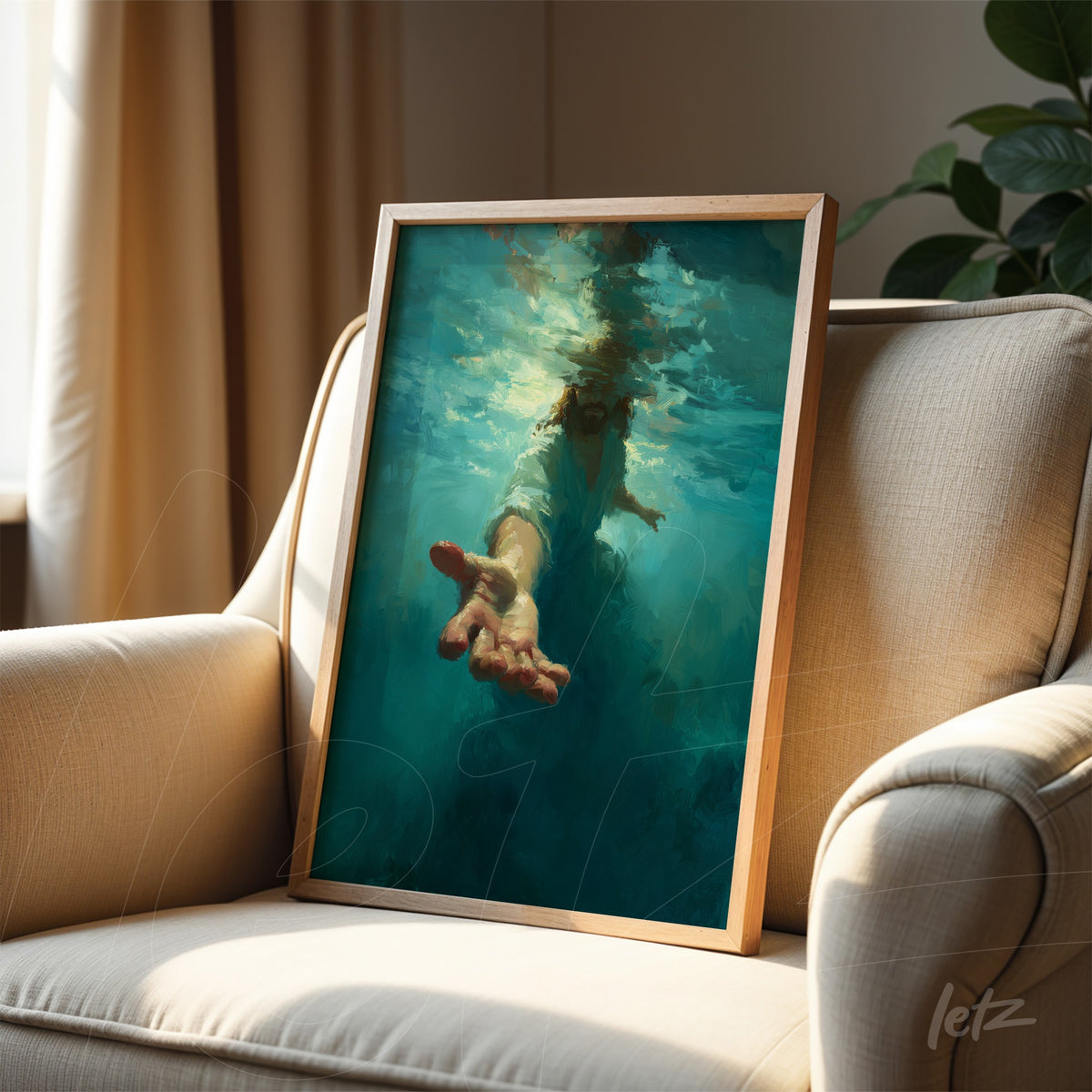 quadro em moldura de madeira clara com arte digital de uma mão emergindo de água azul-turquesa