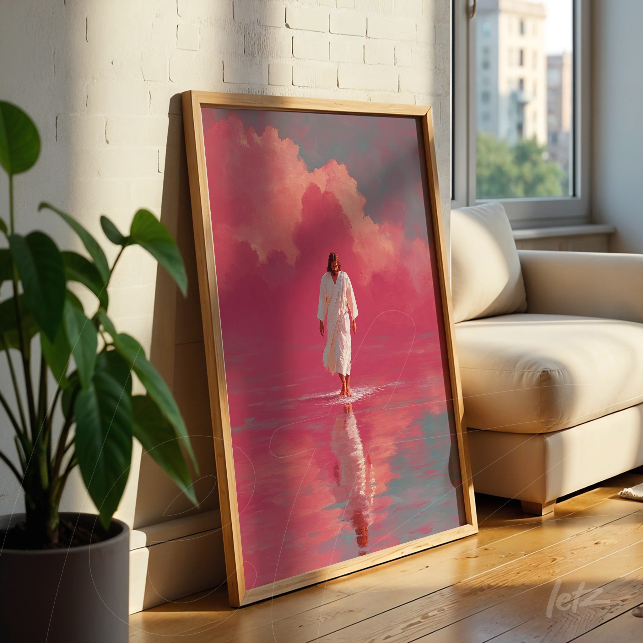 quadro com arte digital de figura religiosa caminhando sobre água refletiva, moldura de madeira clara e fundo rosa com nuvens