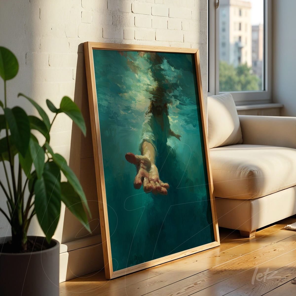 quadro com arte digital de uma mão emergindo de água em moldura de madeira clara