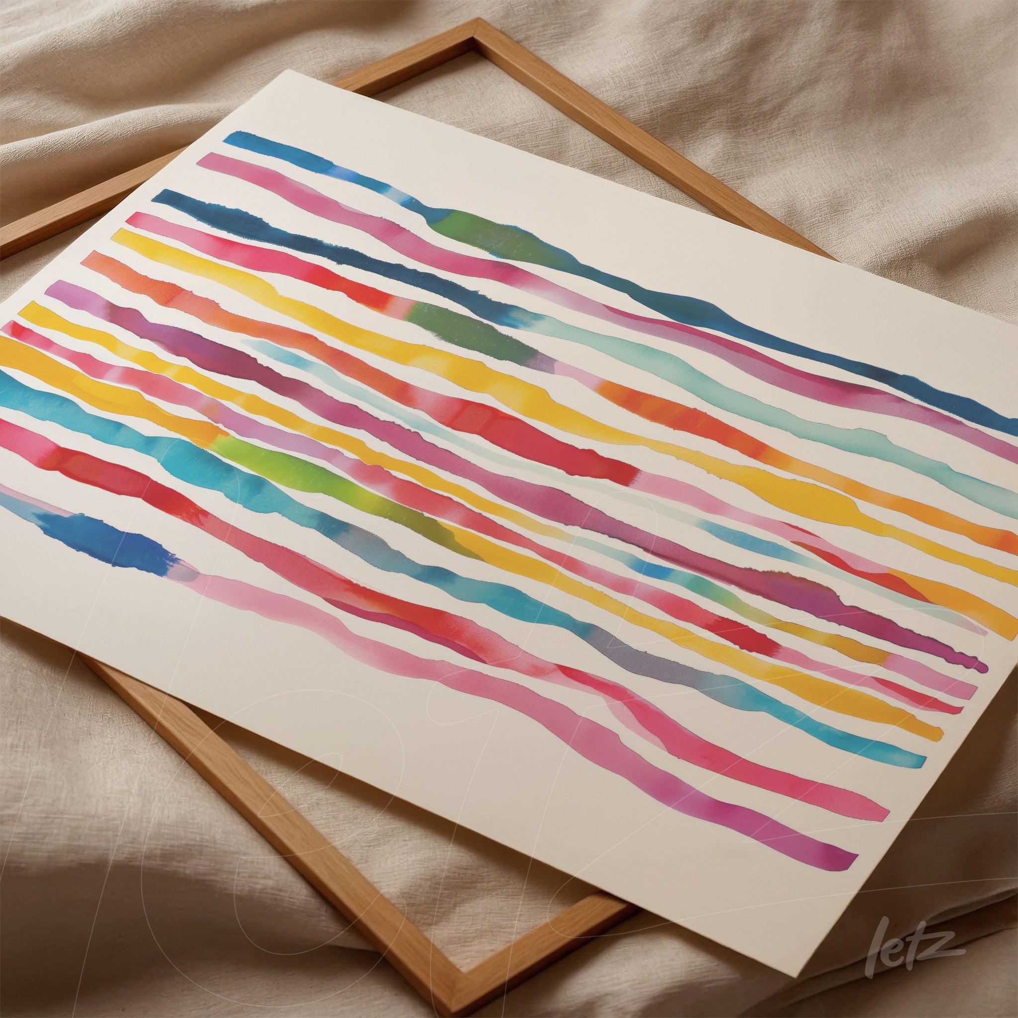 quadro com arte abstrata em tiras coloridas com predominância de rosa, azul e amarelo, apoiado em moldura de madeira clara