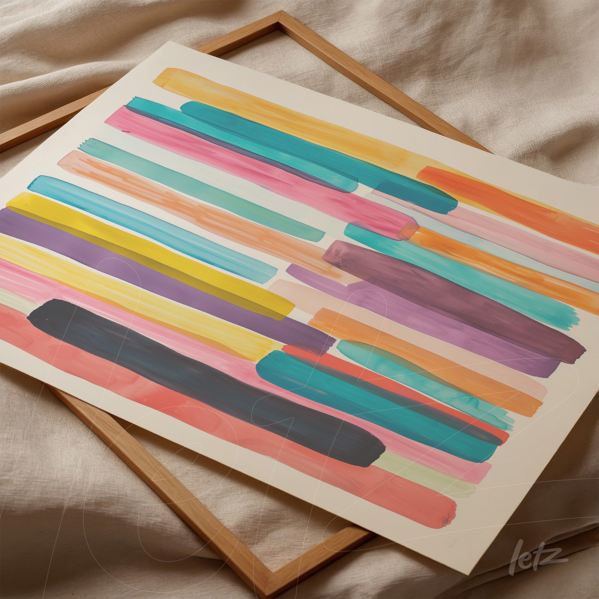 quadro em pôster com traços coloridos em rosa, azul, amarelo e roxo, feito em pinceladas largas, apoiado sobre tecido claro e moldura de madeira clara