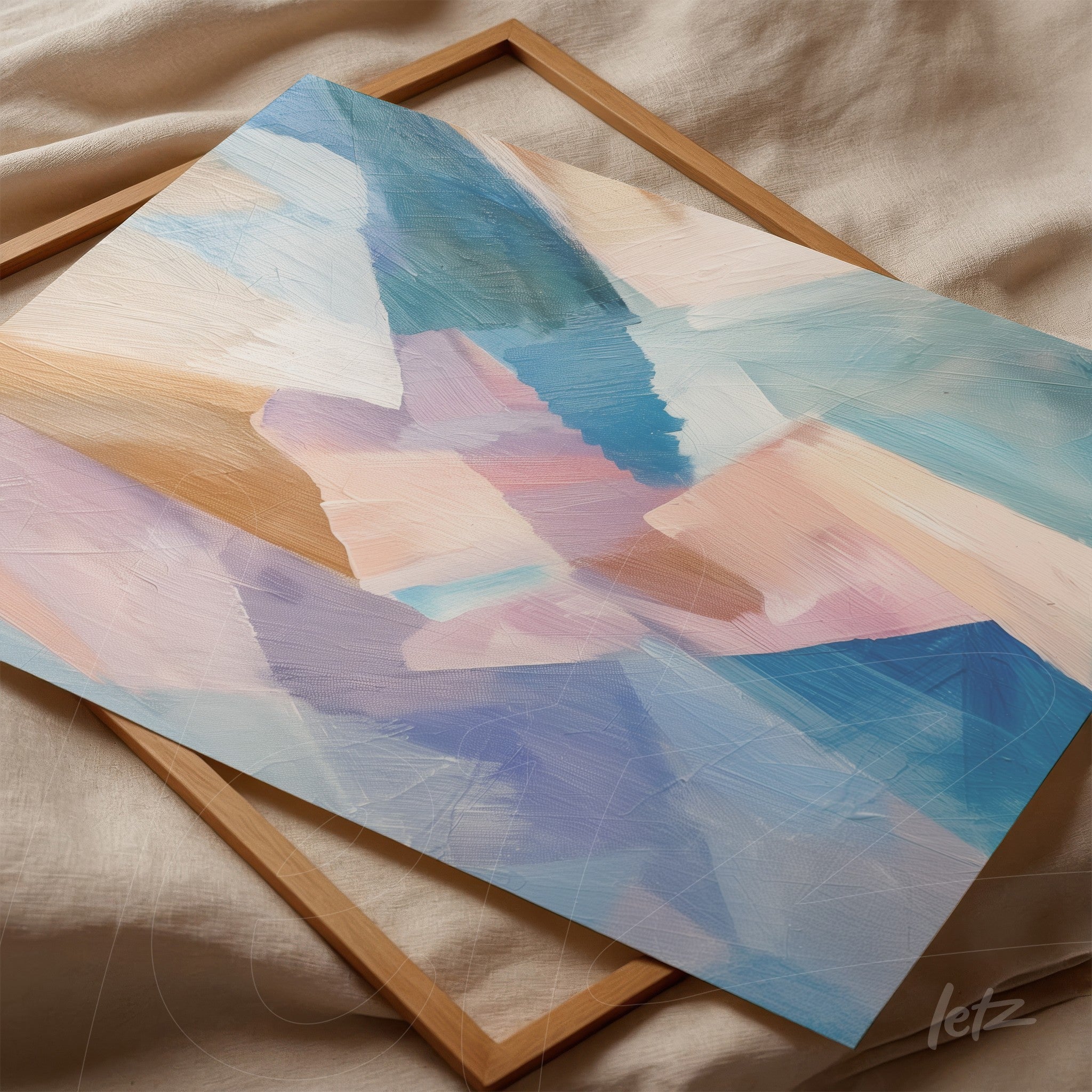 quadro com arte abstrata em tons suaves de azul e rosa, moldura de madeira clara