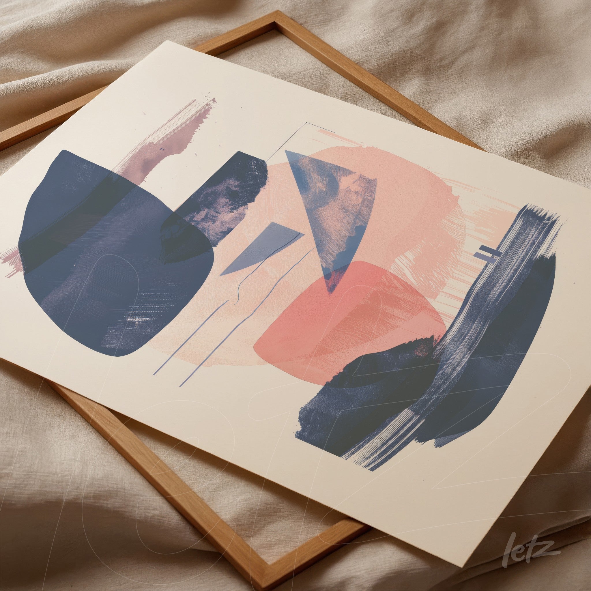 quadro com arte abstrata em tons de azul, rosa e creme, moldura de madeira clara