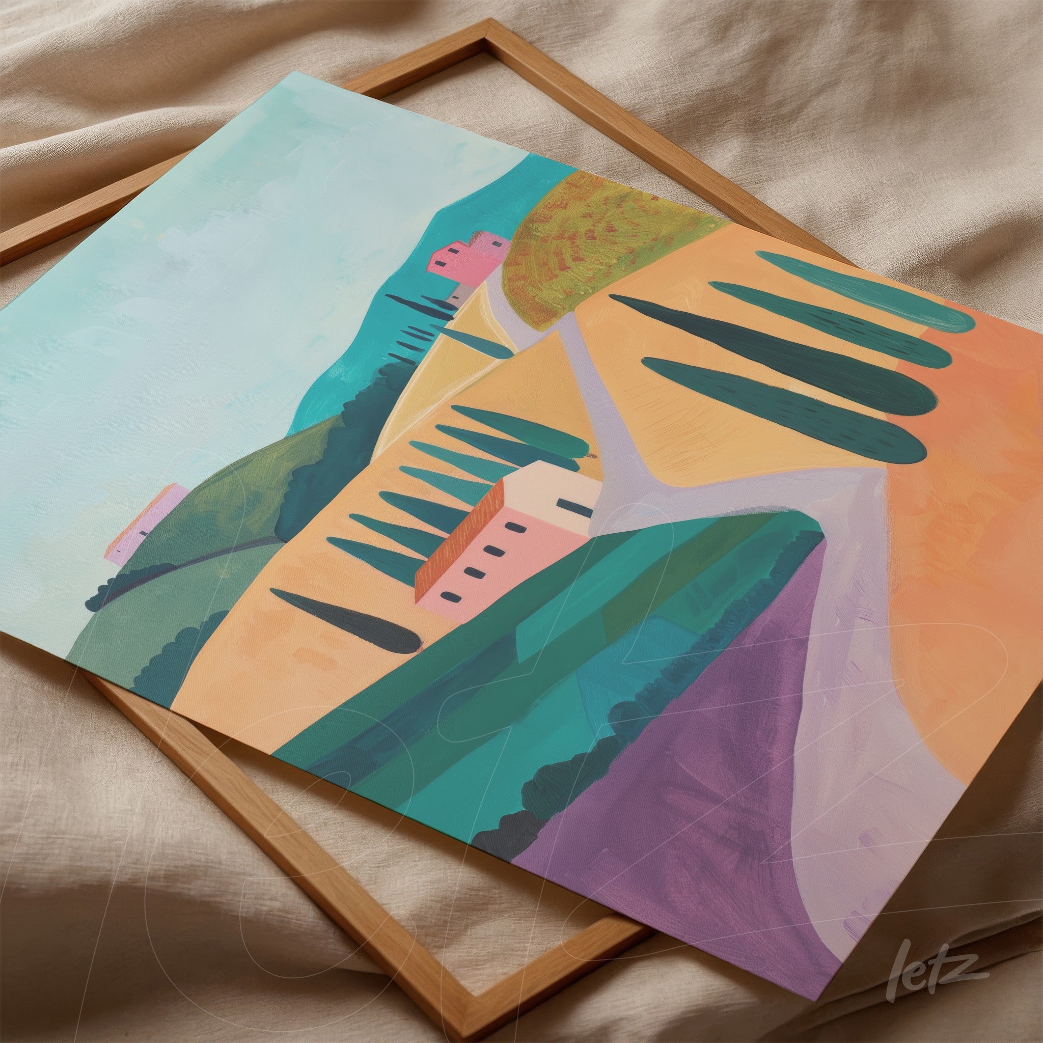 quadro com paisagem de colinas verdes e campos amarelos, apresentando casas pink em estilo moderno em moldura de madeira clara