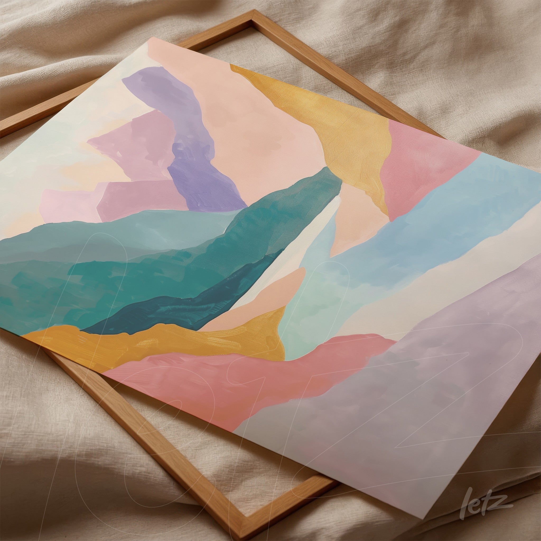 quadro com arte abstrata em cores pastel, exibido sobre superfície clara com moldura de madeira clara