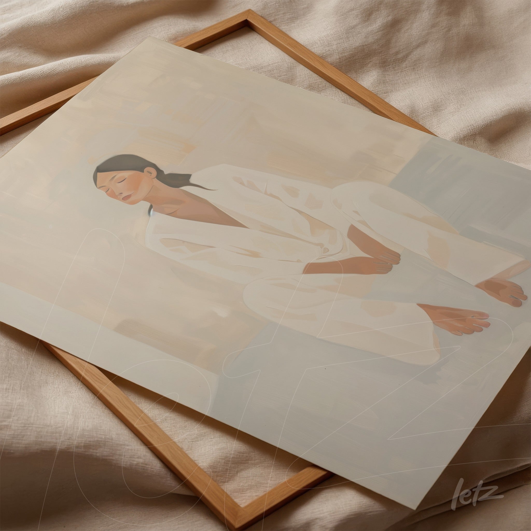quadro com arte minimalista de mulher sentada vestindo roupas claras, apoiado em moldura de madeira clara