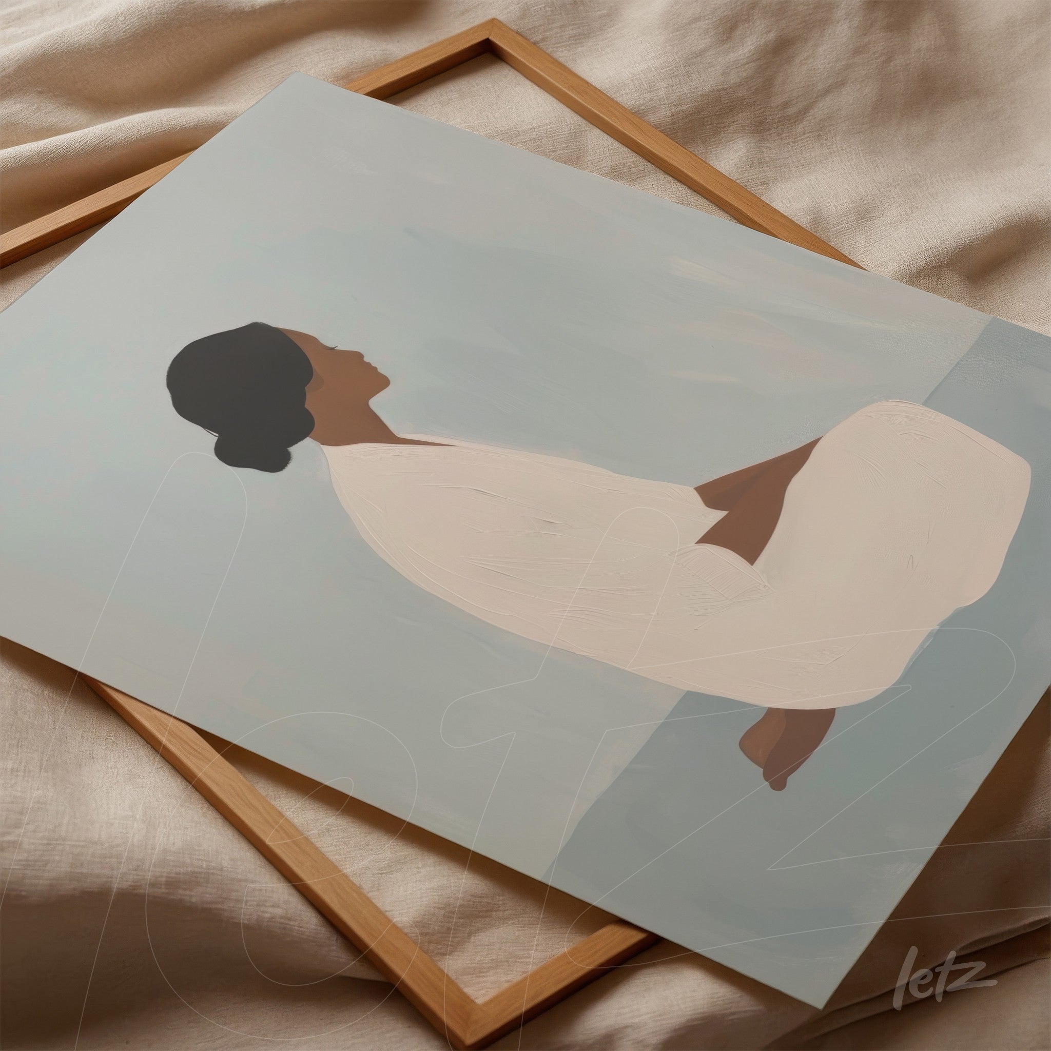 quadro de arte abstrata minimalista com figura feminina em posição de meditação sobre fundo azul suave, apoiado em moldura de madeira clara
