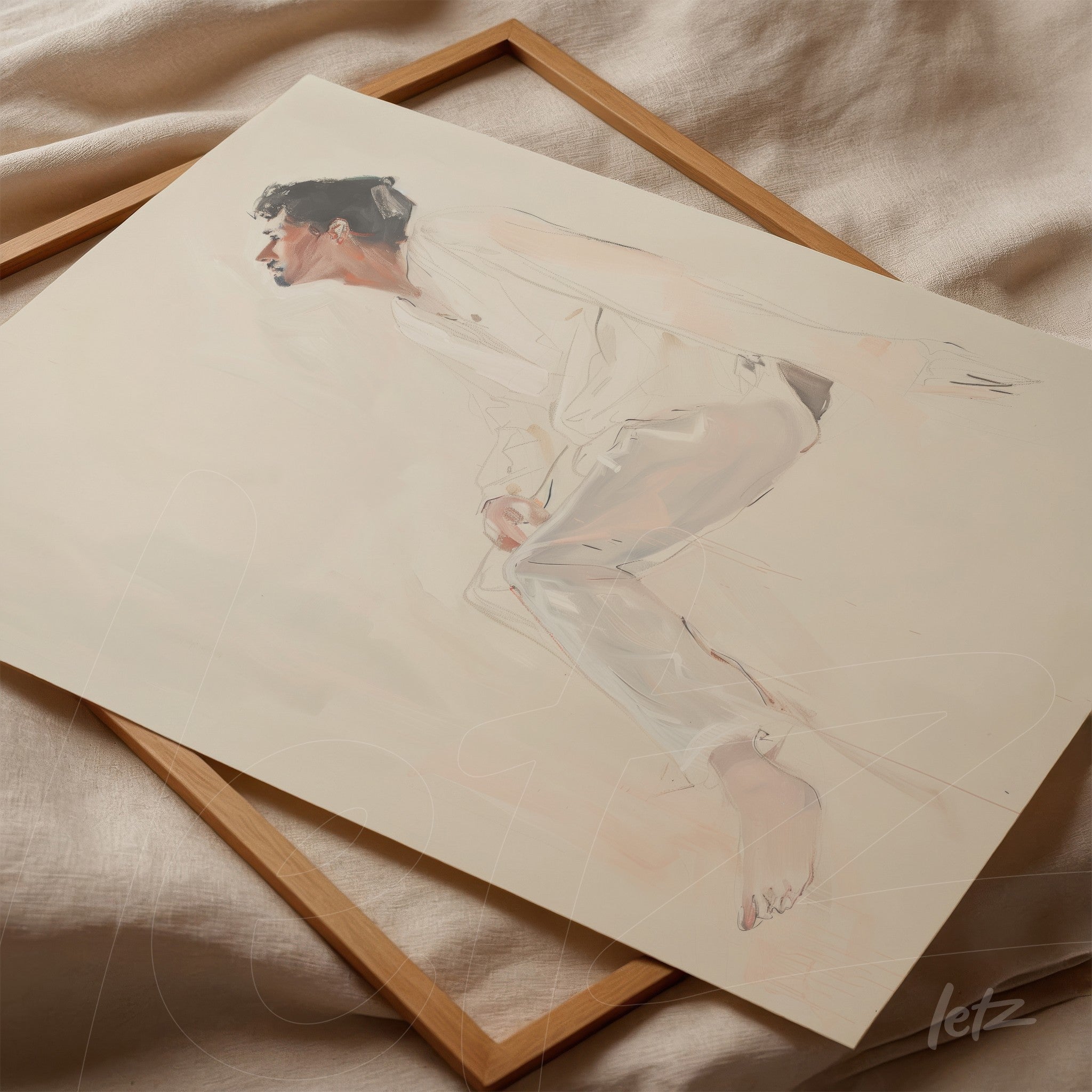 quadro artístico com retrato sutil de um homem sentado em pose pensativa, emoldurado com moldura de madeira clara