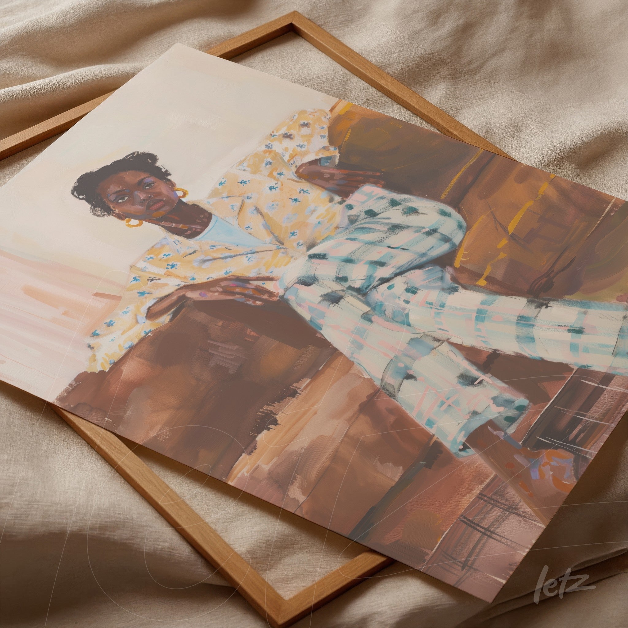 arte digital de retrato feminino com mulher sentada em sofá, usando blusa floral e calça xadrez, em moldura de madeira clara