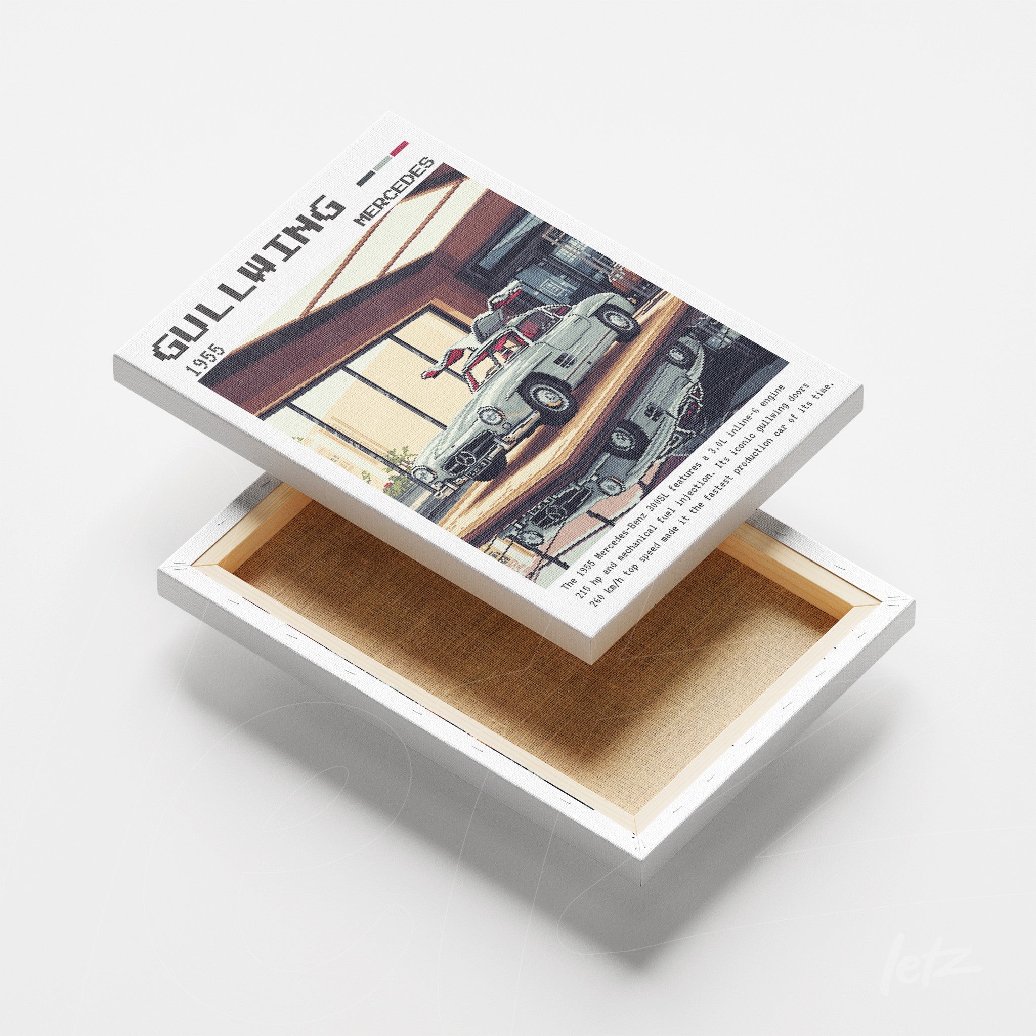 quadro em canvas com ilustração de carros Mercedes em estilo retrô com fundo claro