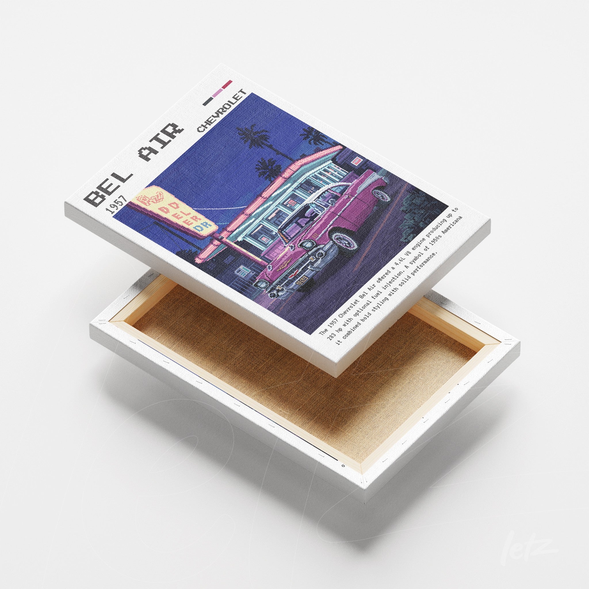 quadro em canvas com ilustração retro de um Chevrolet Bel Air rosa em frente a um restaurante, fundo azul escuro