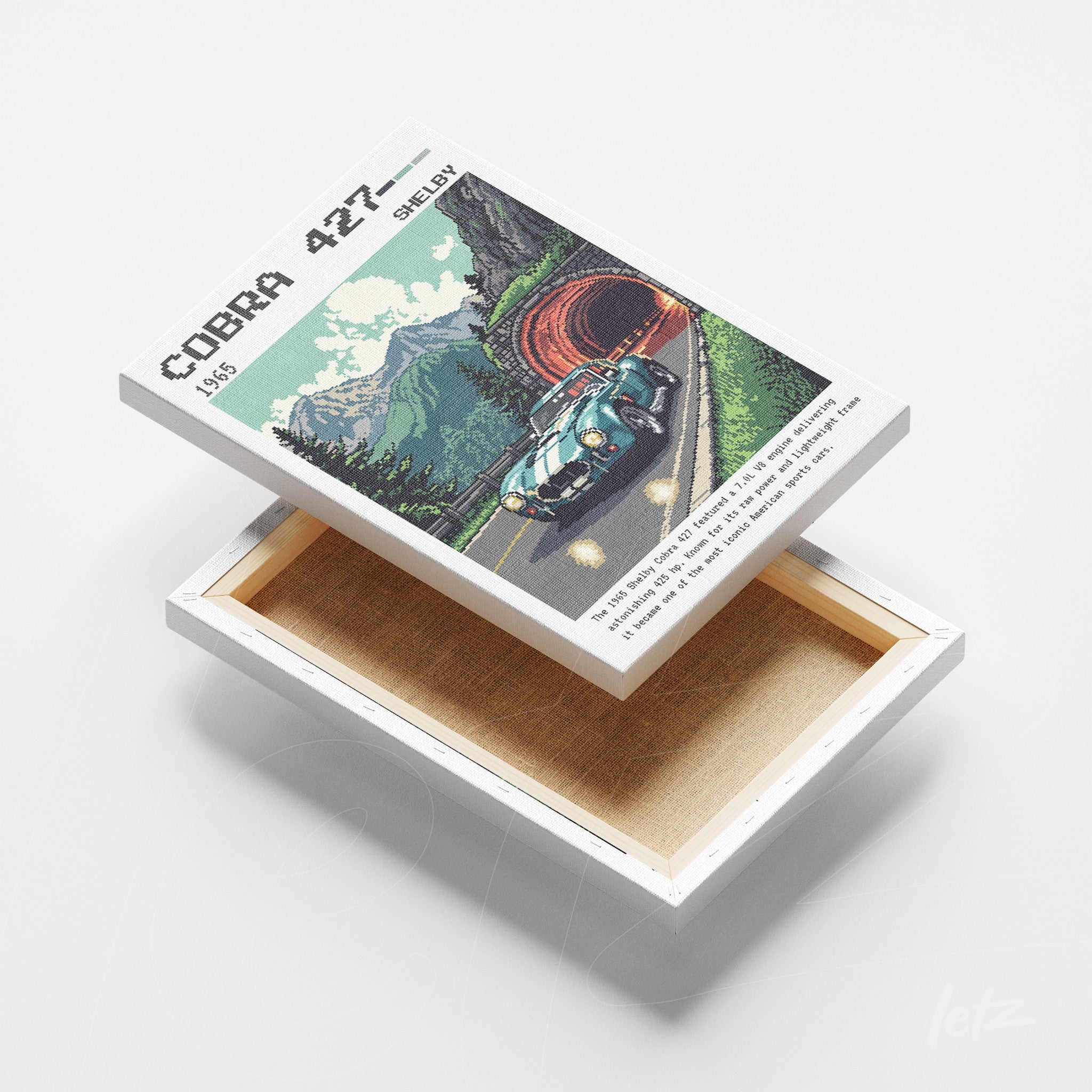 quadro em canvas com arte retro de carro esportivo cobrado 427 em uma estrada montanhosa