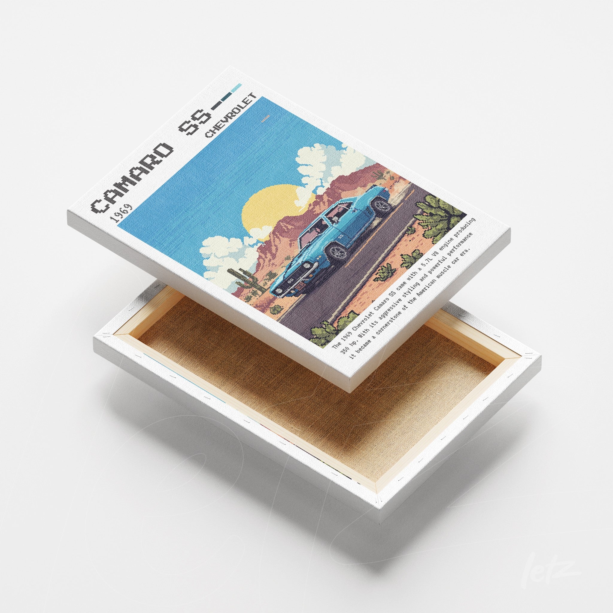 quadro em canvas com ilustração de um Chevrolet Camaro 1969 em um deserto com cactos e montanhas ao fundo