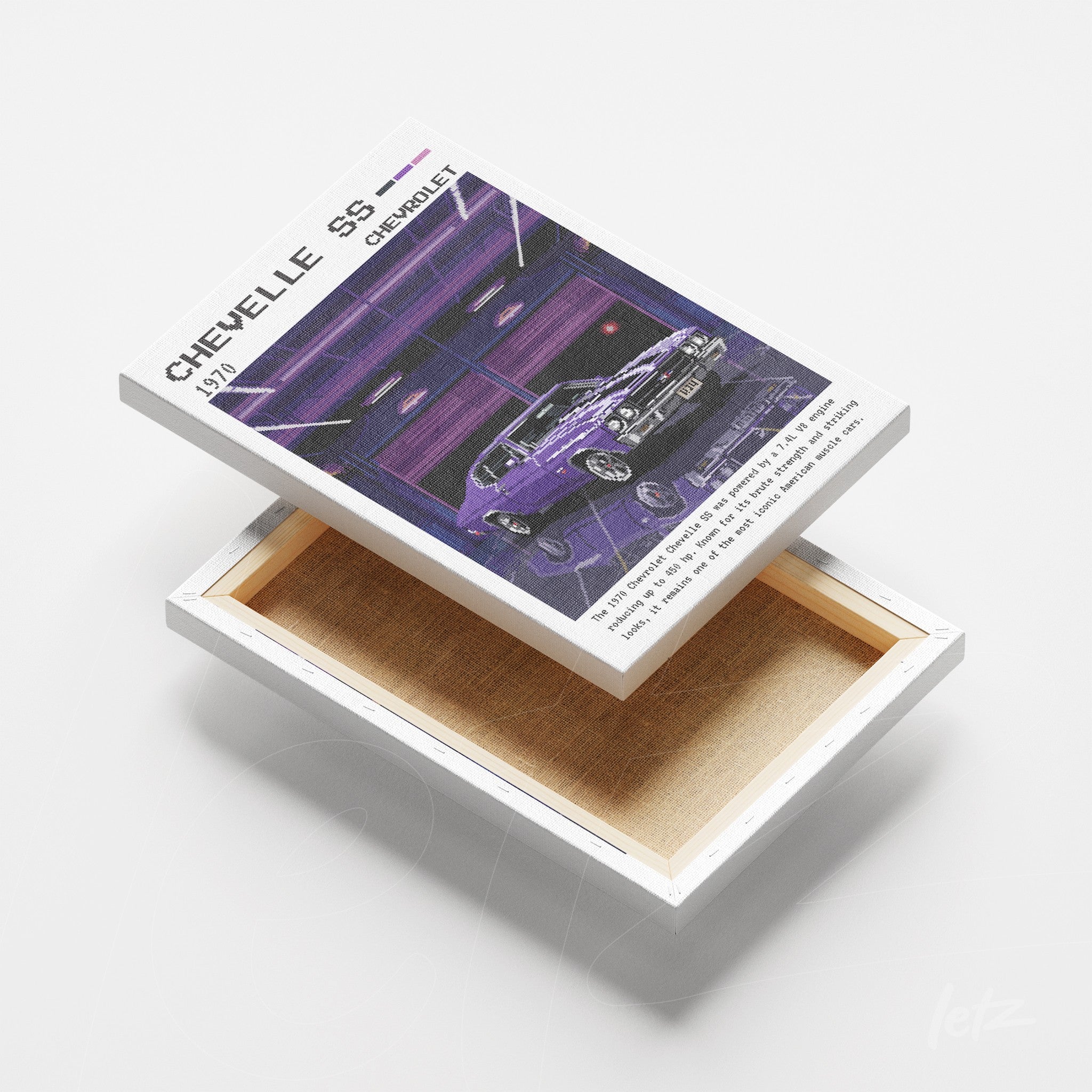 quadro em canvas com ilustração retro de um Chevrolet Chevelle SS em garagem com luzes neon