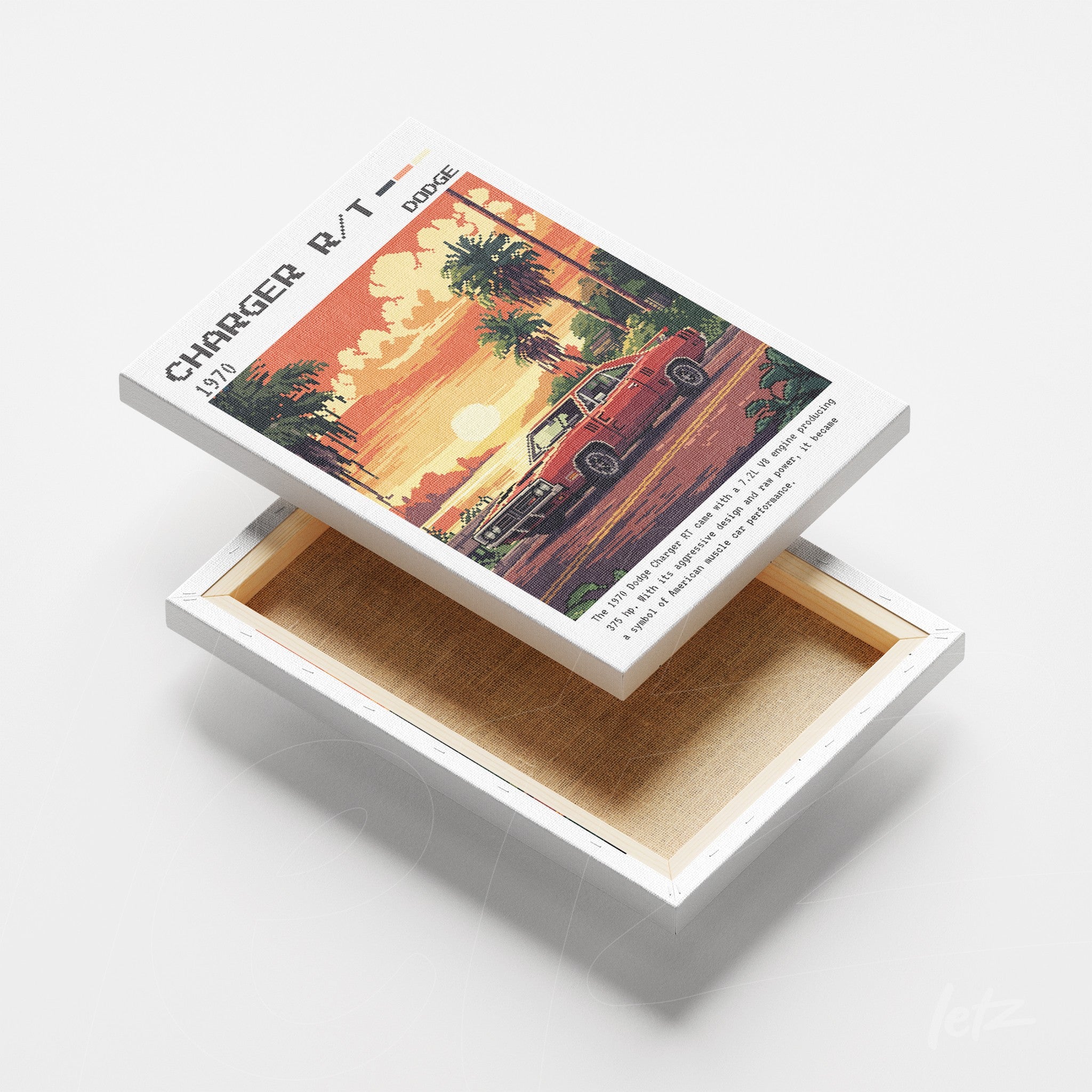 quadro em canvas com arte retrô de um carro Charger R/T em paisagem de pôr do sol, moldura branca