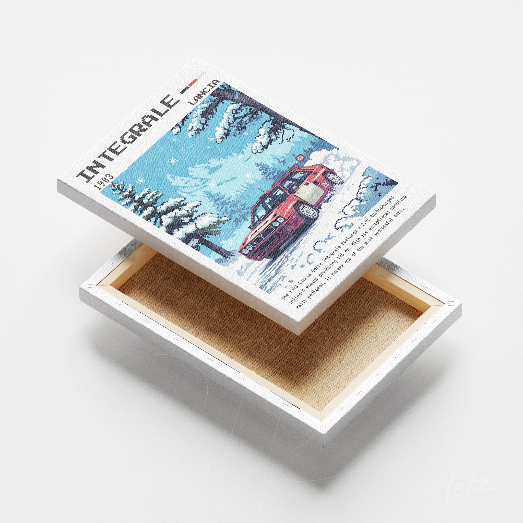 quadro em canvas com arte de carro esportivo em cenário de inverno, destacando flocos de neve e árvore