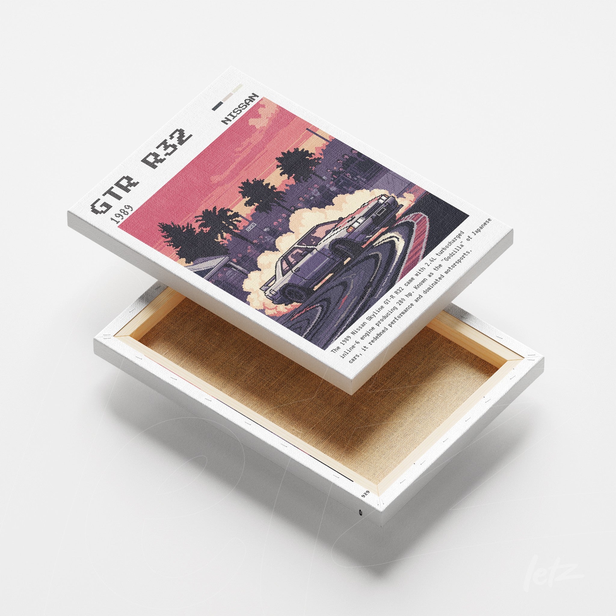 quadro em canvas com arte retrô de um carro esportivo Nissan GTR R32 em uma curva, com fundo colorido e detalhes de fumaça